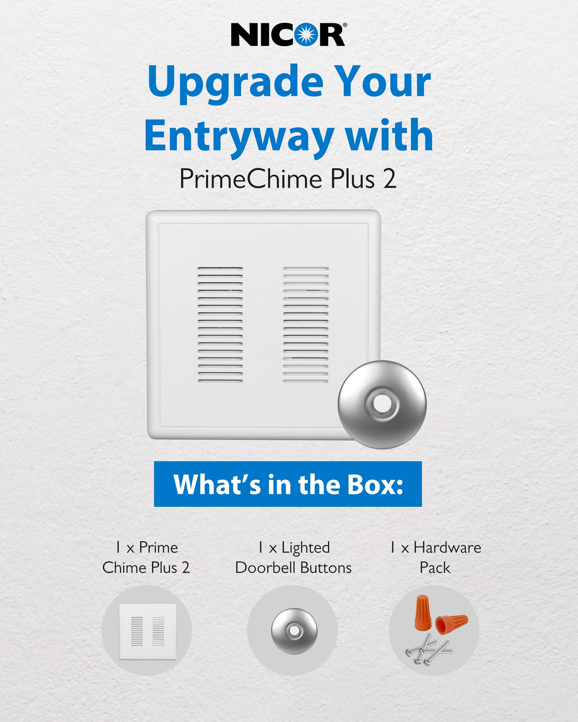 Primechime Plus 2 Electric Doorbell Kit   Doorbells For Home   Includes Selectable Ring Chimes   Stucco Button, Nickel   Nicor L