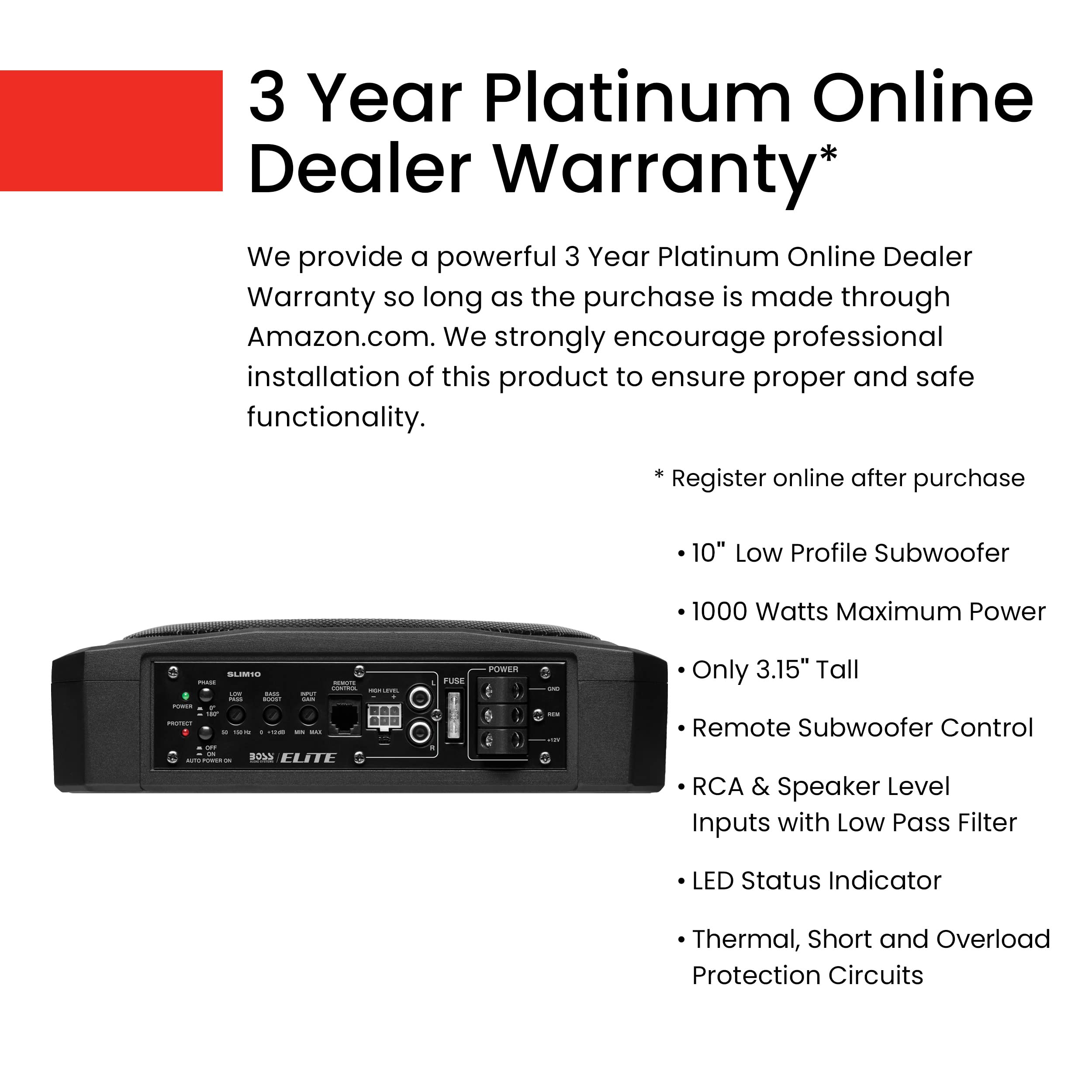 Boss Audio Systems Slim10 Elite Series 10 Inch Powered Car Subwoofer   Low Profile, Remote Subwoofer Control, Built In Amp, Unde