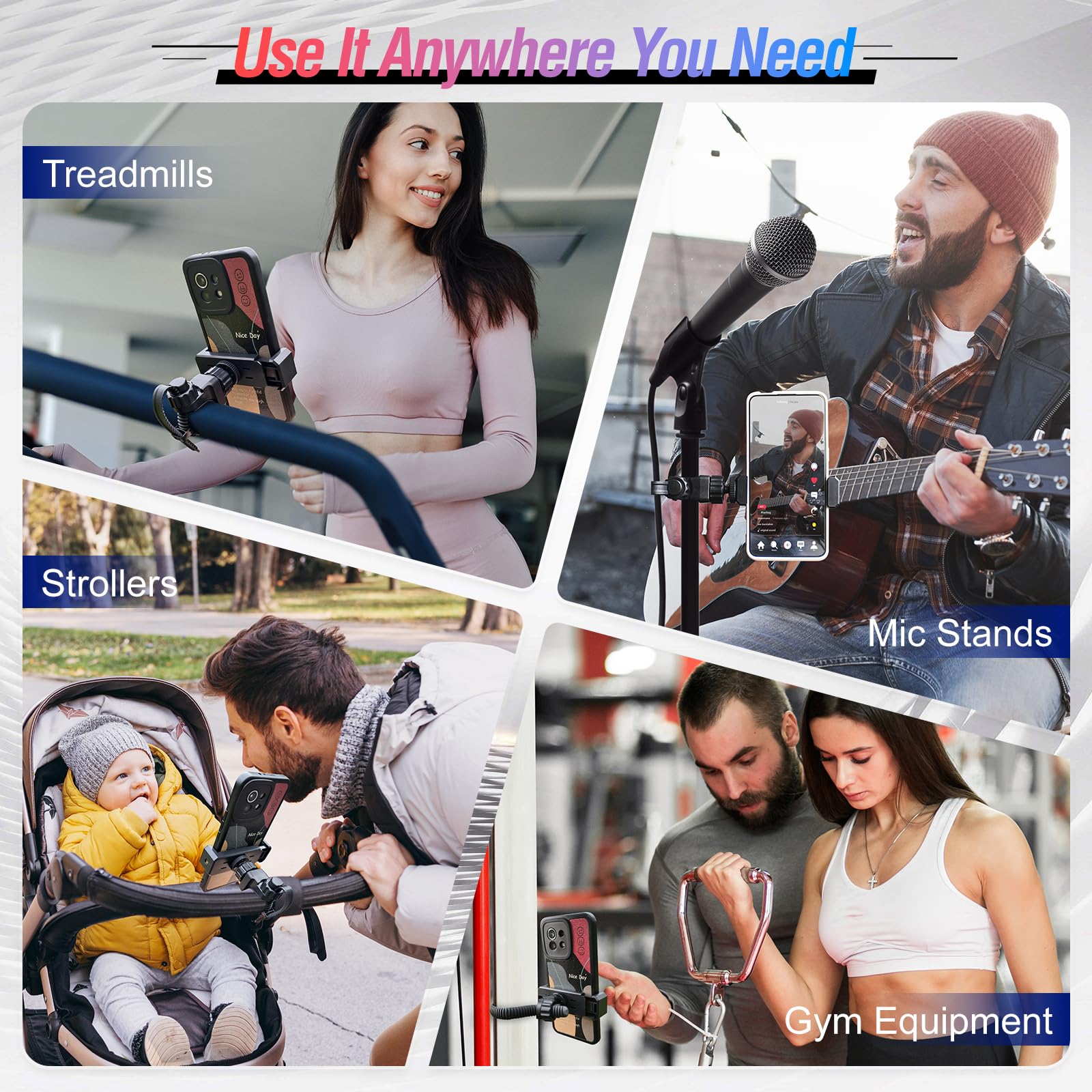 Phone Holder With Adjustable Strap,Wide Clamp Range,Fits Round,Square&Curved Surfaces,Clip Phone Mount For Mic Stands,Golf Carts