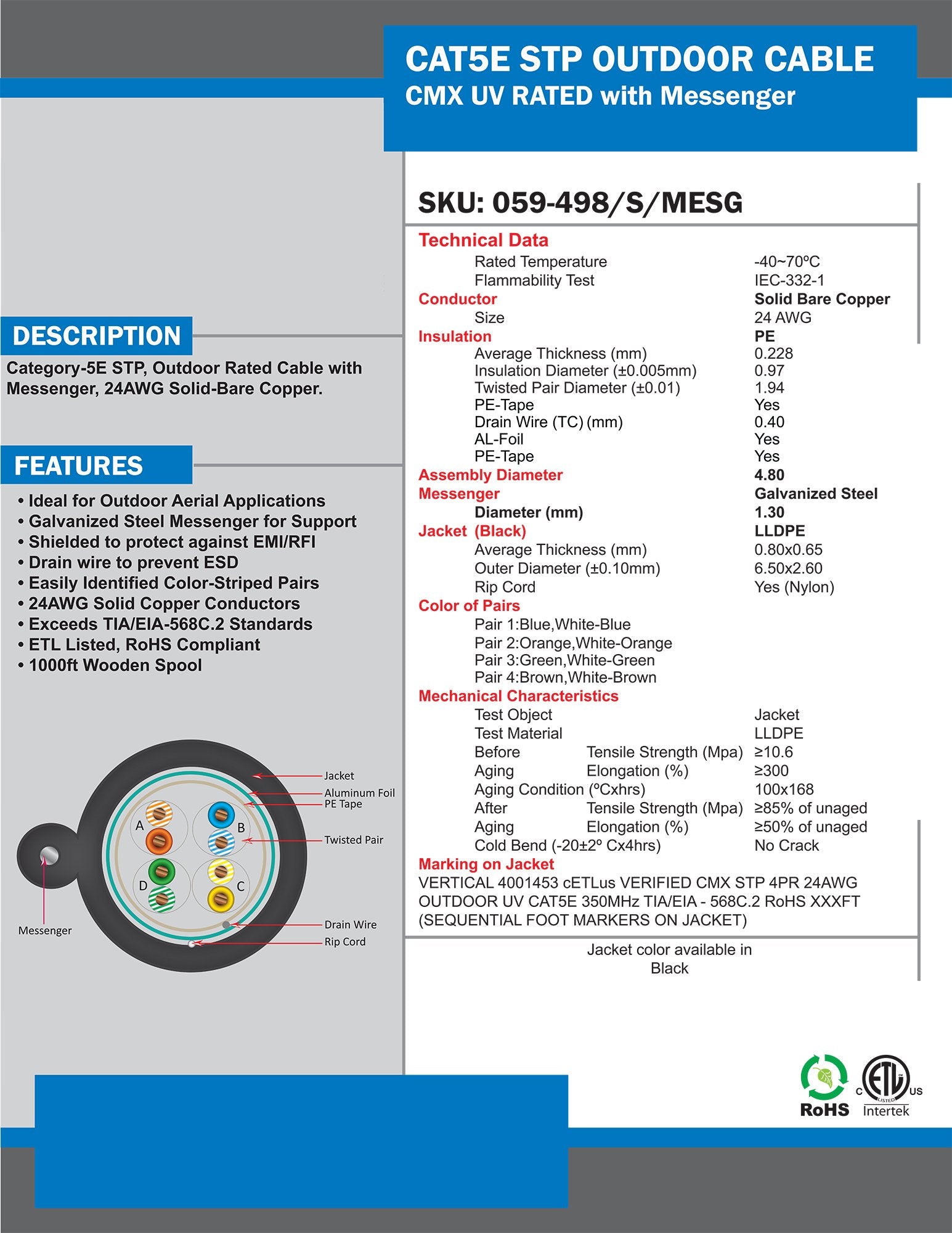 Vertical Cable Cat5E, 350 Mhz, Utp, Uv Jacket, Outdoor, Cmx, Messenger, 1000Ft, Black, Bulk Ethernet Cable, Wooden Spool