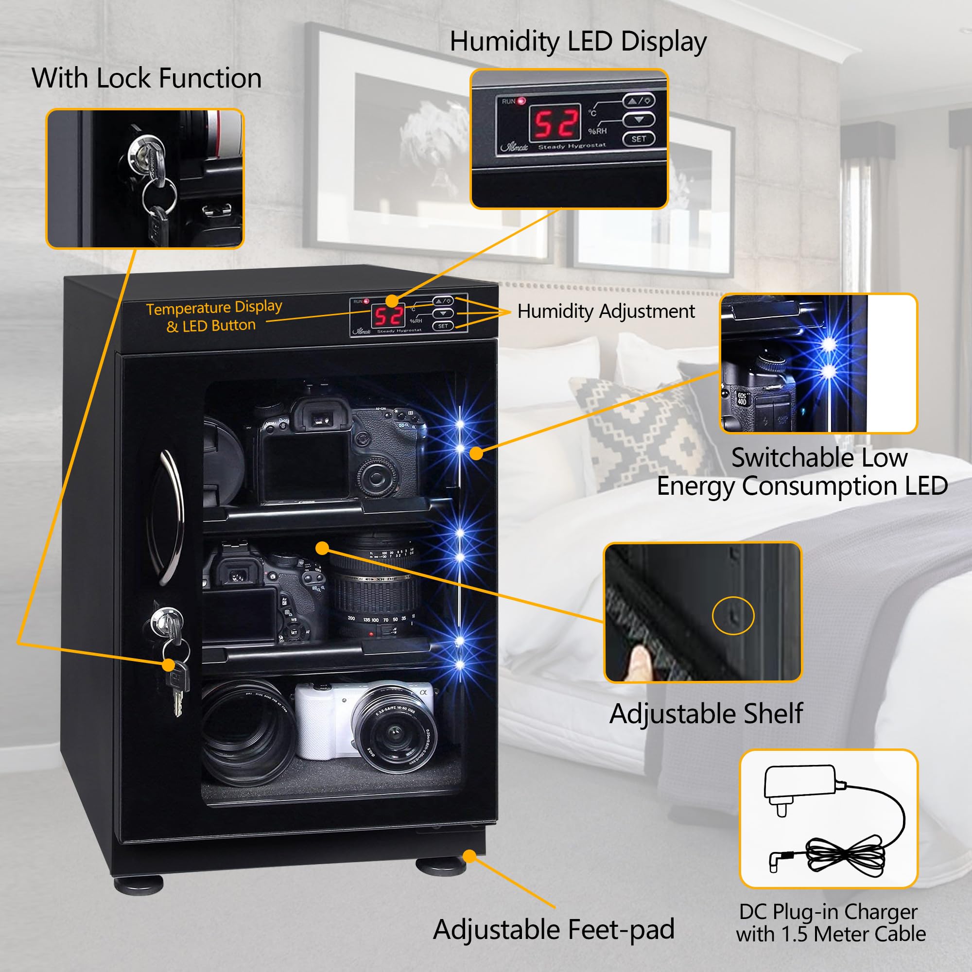 T.A.P 38L Automatic Numerical Led Control Dry Cabinet Box Storage For Dslr Camera Lens