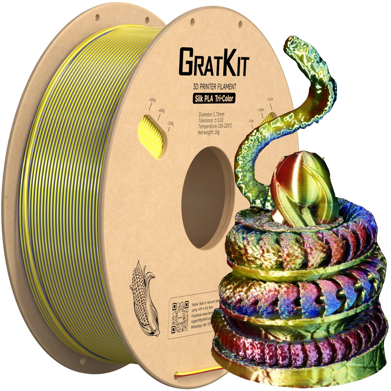 Gratkit Silk Tri Color Pla Filament,Coextrusion Pla Filament 1.75Mm,  0.03Mm, 1Kg/Roll, Silk Pla Red & Yellow & Blue