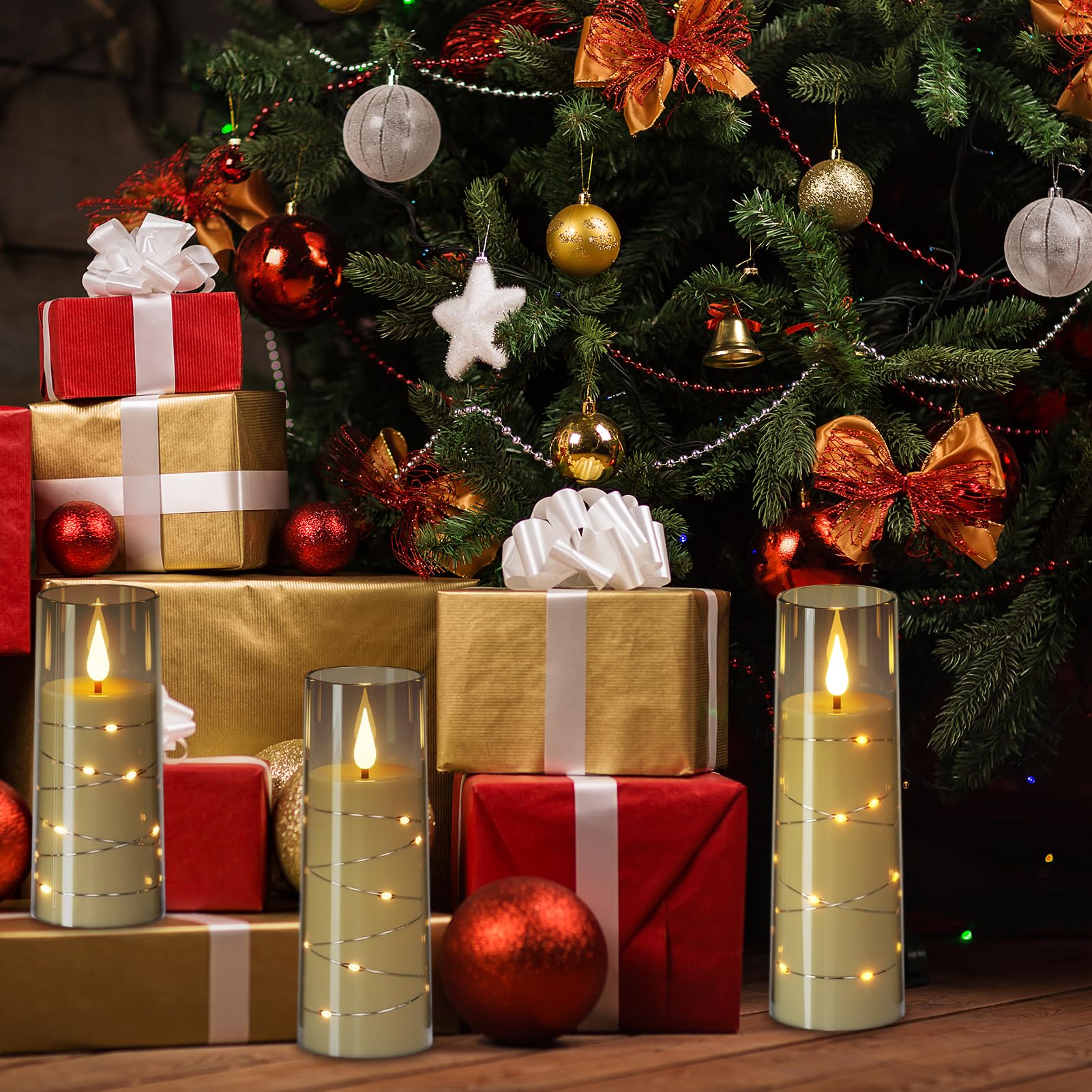 Genswin Flickering Flameless Candles With Remote Timer, 5 Pack Battery Operated Candles With Embedded Star String, Black Led Bat