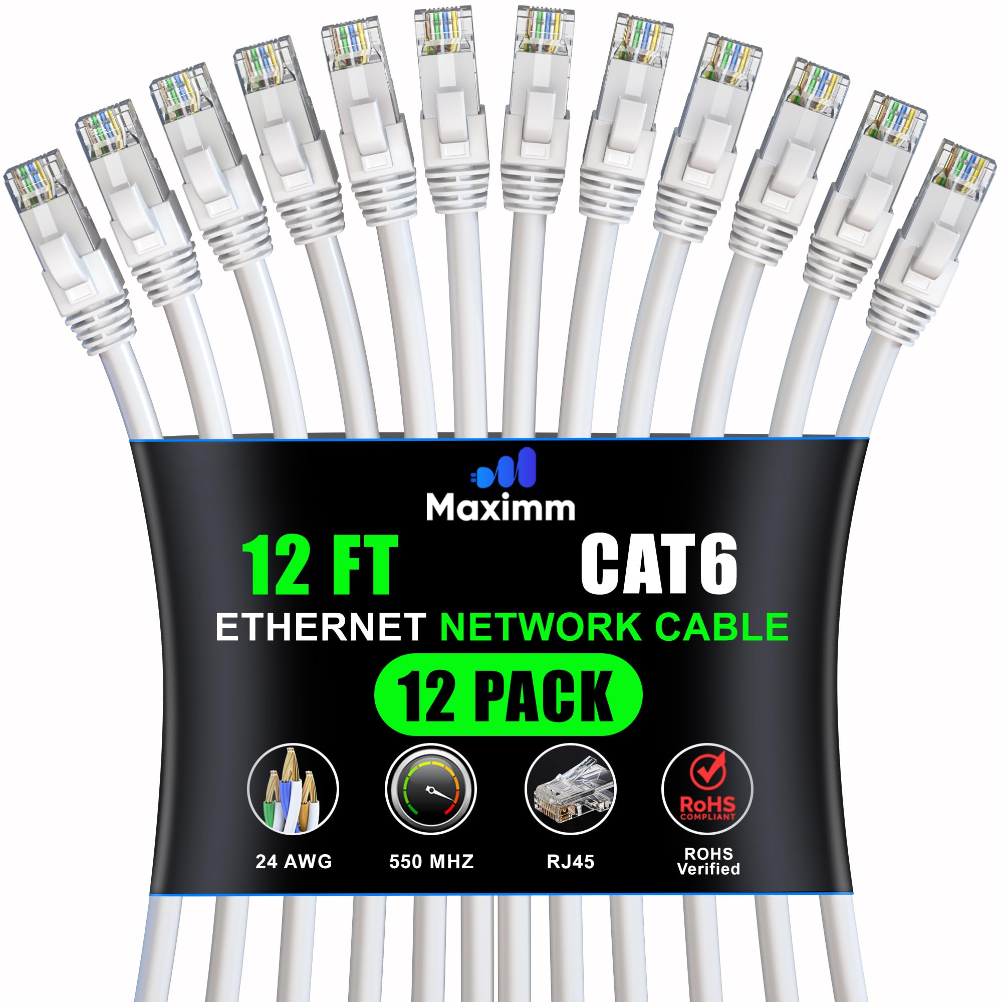 Maximm Cat 6 Ethernet Cable 12 Ft (12 Pack)   High Speed Lan Cable, Internet Cable, Patch Cable, And Network Cable   Utp, 10Gbps, 550Mhz Ethernet Cord   White