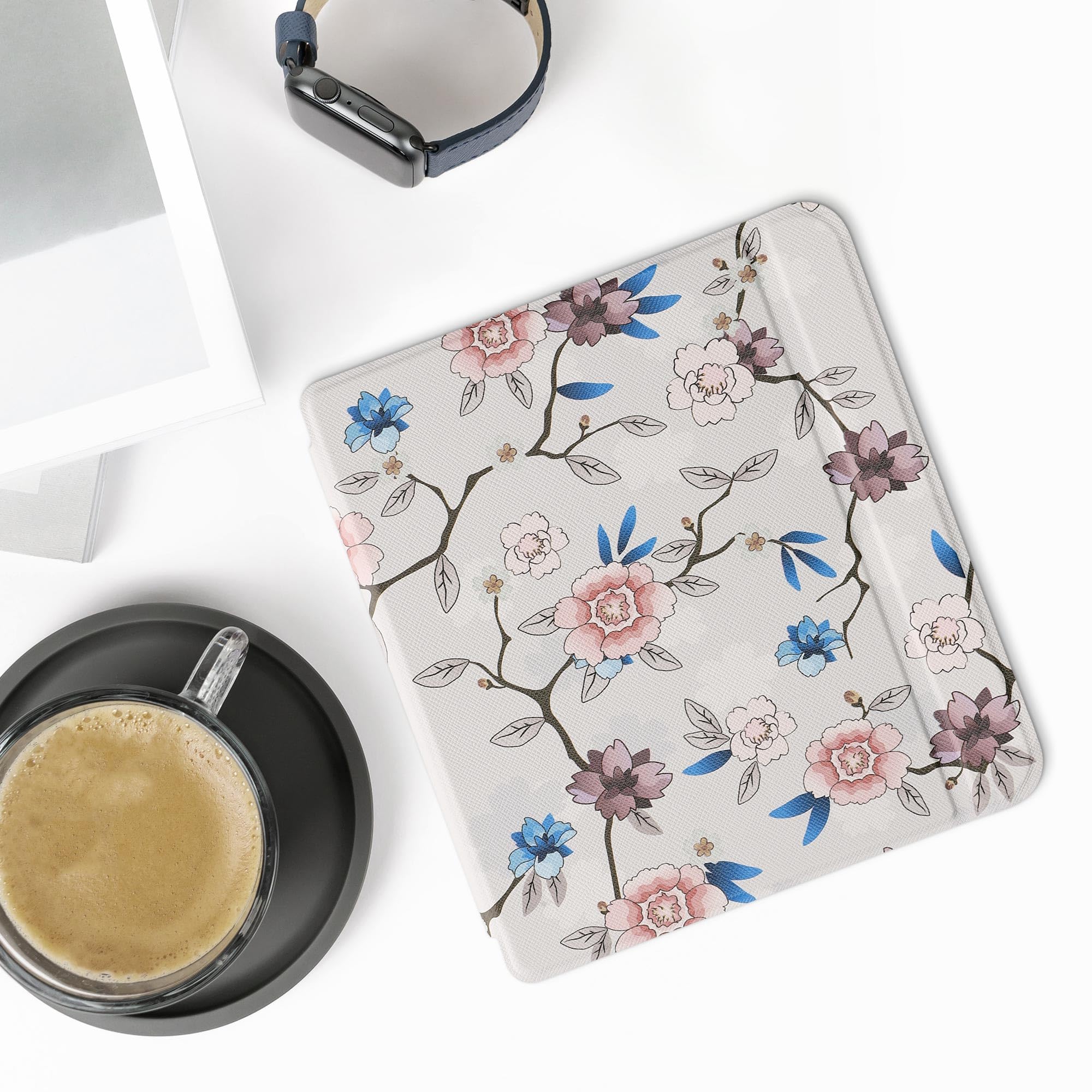 Kwmobile Case Compatible With Kobo Libra 2 Case   Ereader Cover   Flower Leaf White/Pink/Blue