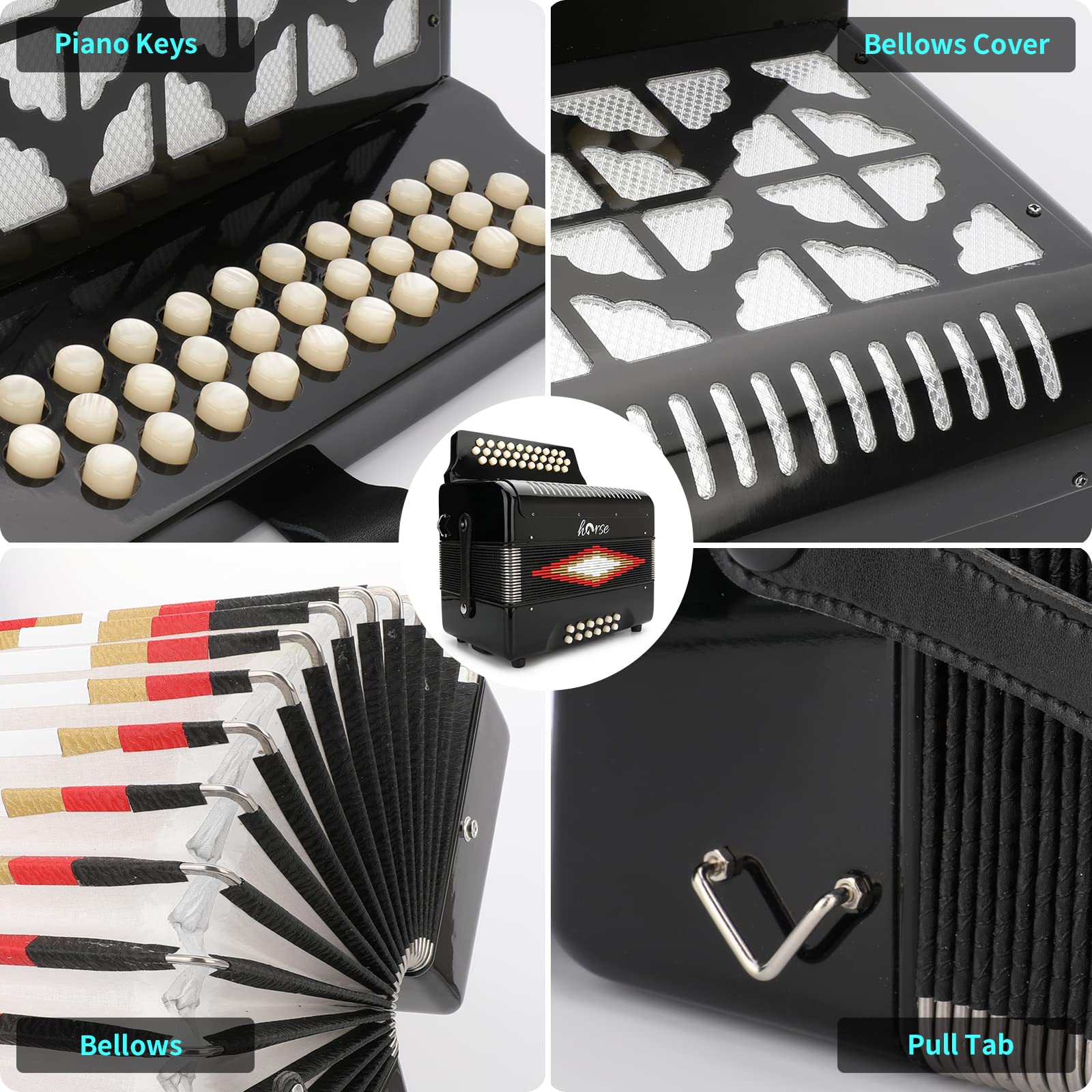 Horse 31 Key Accordion,12 Bass 3-Row F/B/E Diatonic Accordions Instruments For Adults With Thicked Suitcase And Straps, 31 Keys