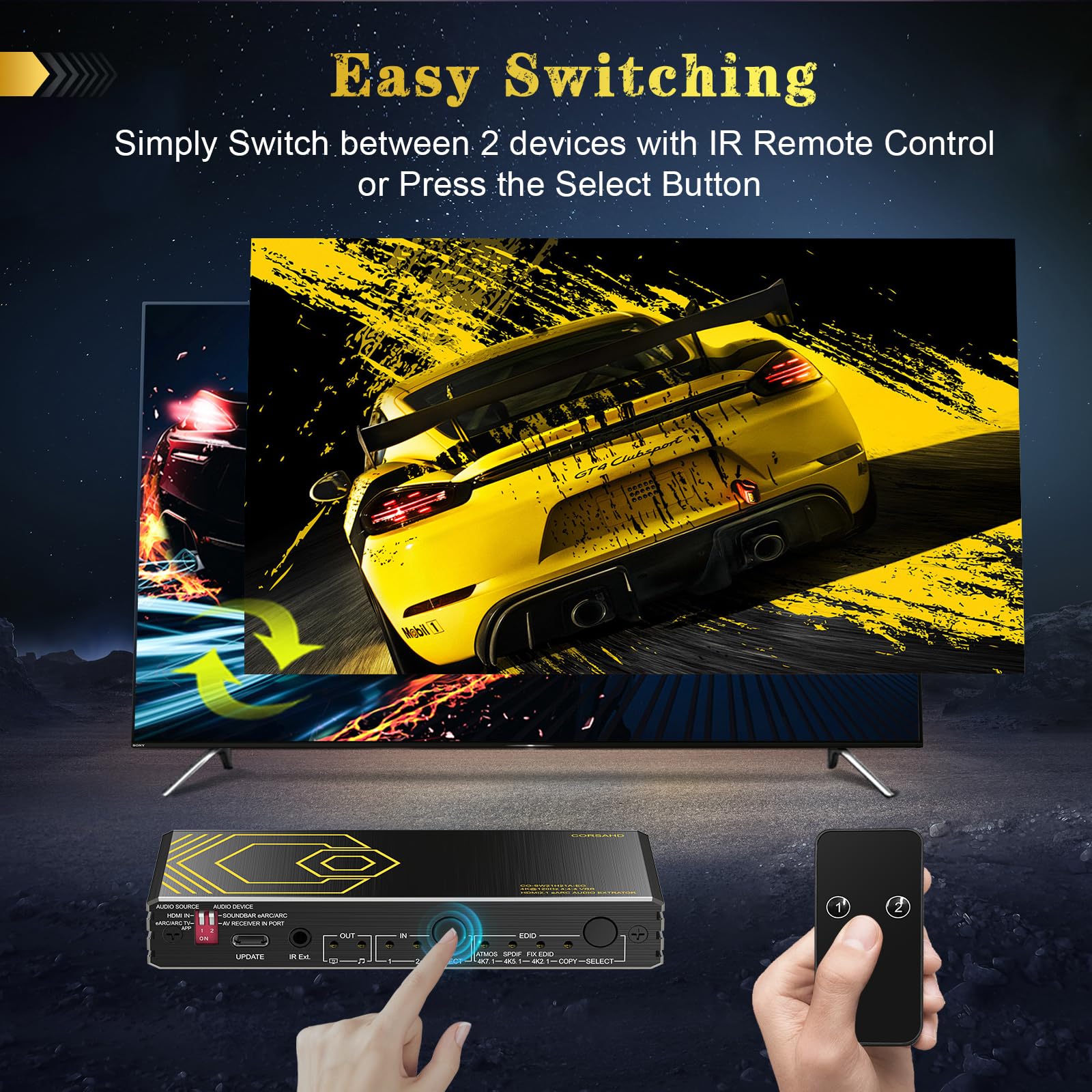 8K@60Hz 4K@120Hz Hdmi2.1 Switch 2 In 1 Out With Audio Extractor Earc,Arc,7.1Ch,Spdif 5.1Ch,48Gbps,Hdcp2.3 Bypass,Vrr,Ir,3D,Hdr 1