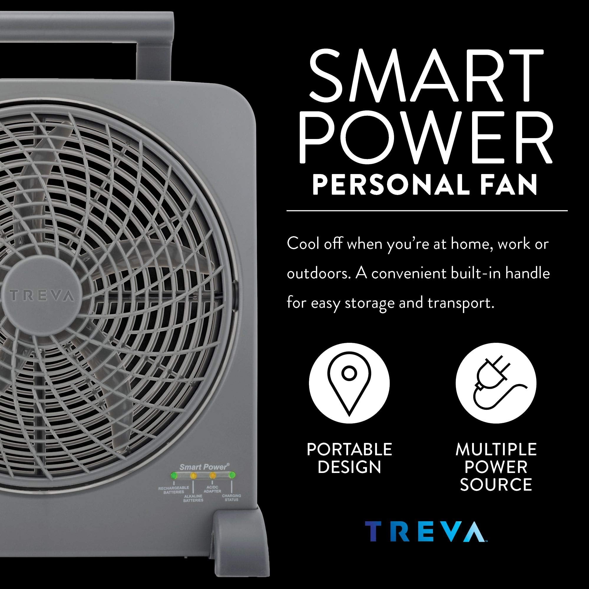 Treva 10 Inch Rechargeable Portable Fan Smart Power Air Circulator. Plug In Ac Adapter And Battery Powered, Usb Charging Port, F