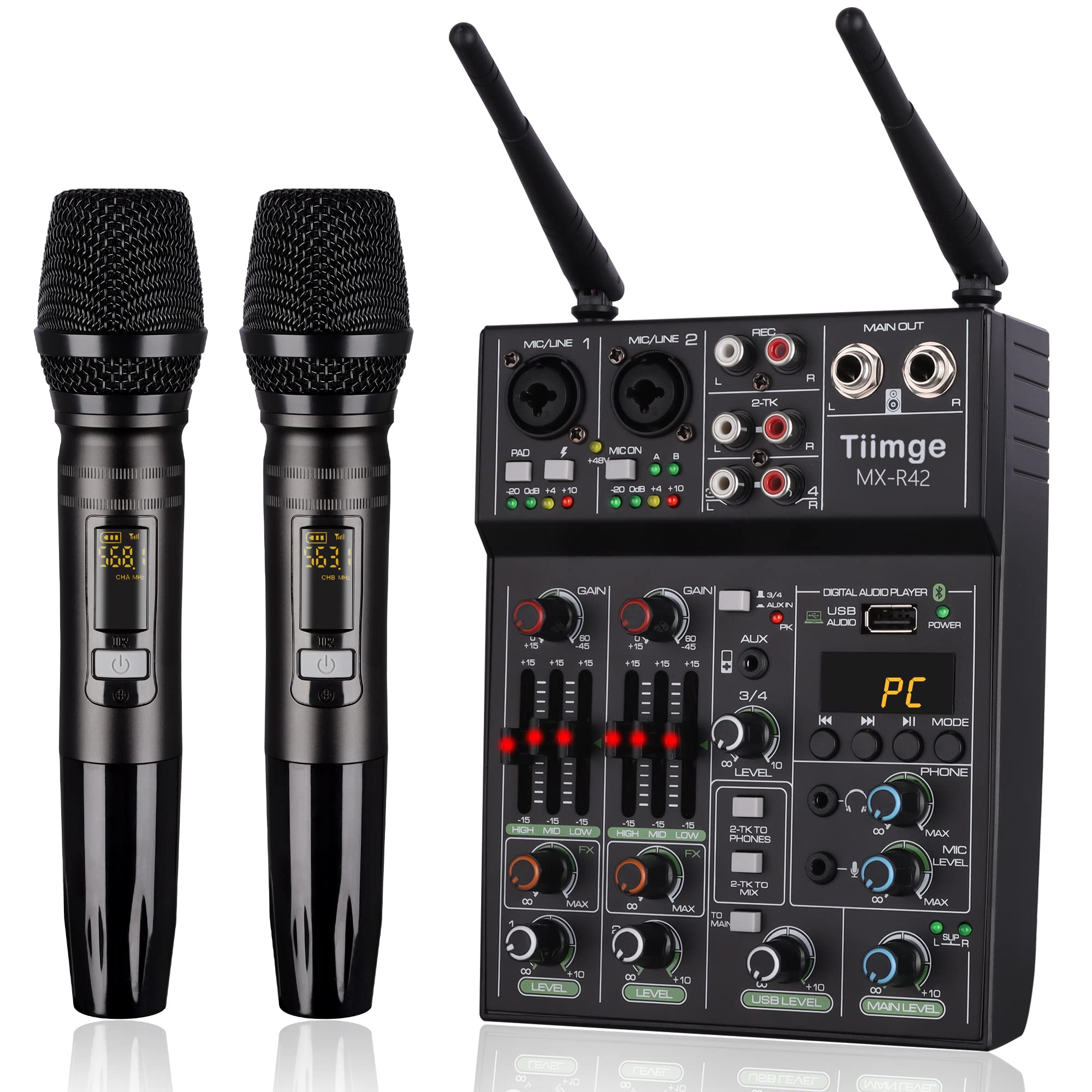 Professional Audio Mixer With Dual Wireless Microphone, Sound Board Console System Interface 4 Channel Dj Mixer USB Bluetooth MP