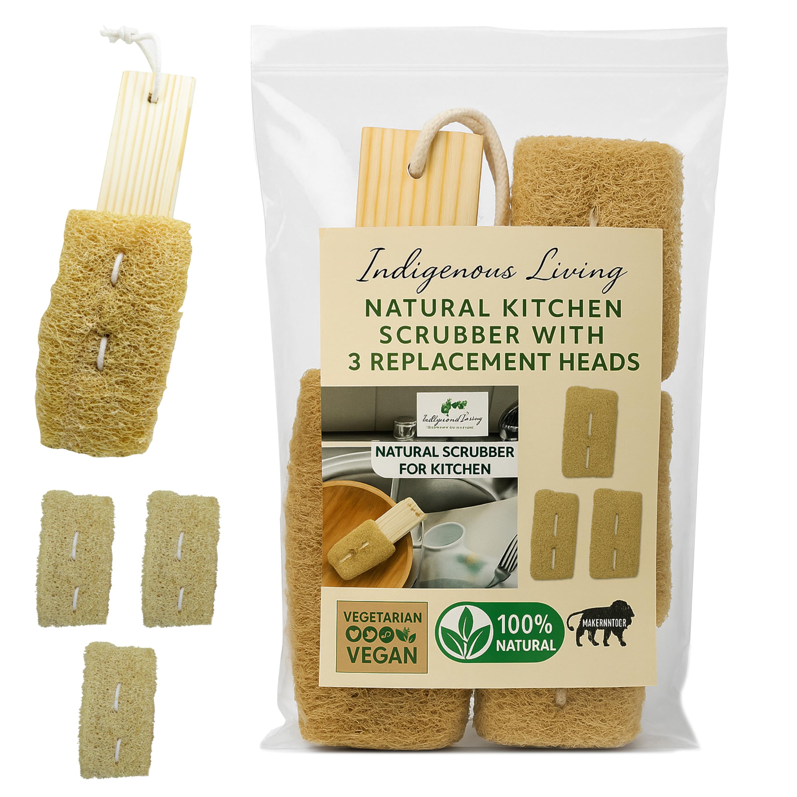 Indigenous Living Natural Kitchen Brush With 3 Replacement Scrubs | NonScratch Loofah Utensil Scrubber For Dishes, Cookware & S