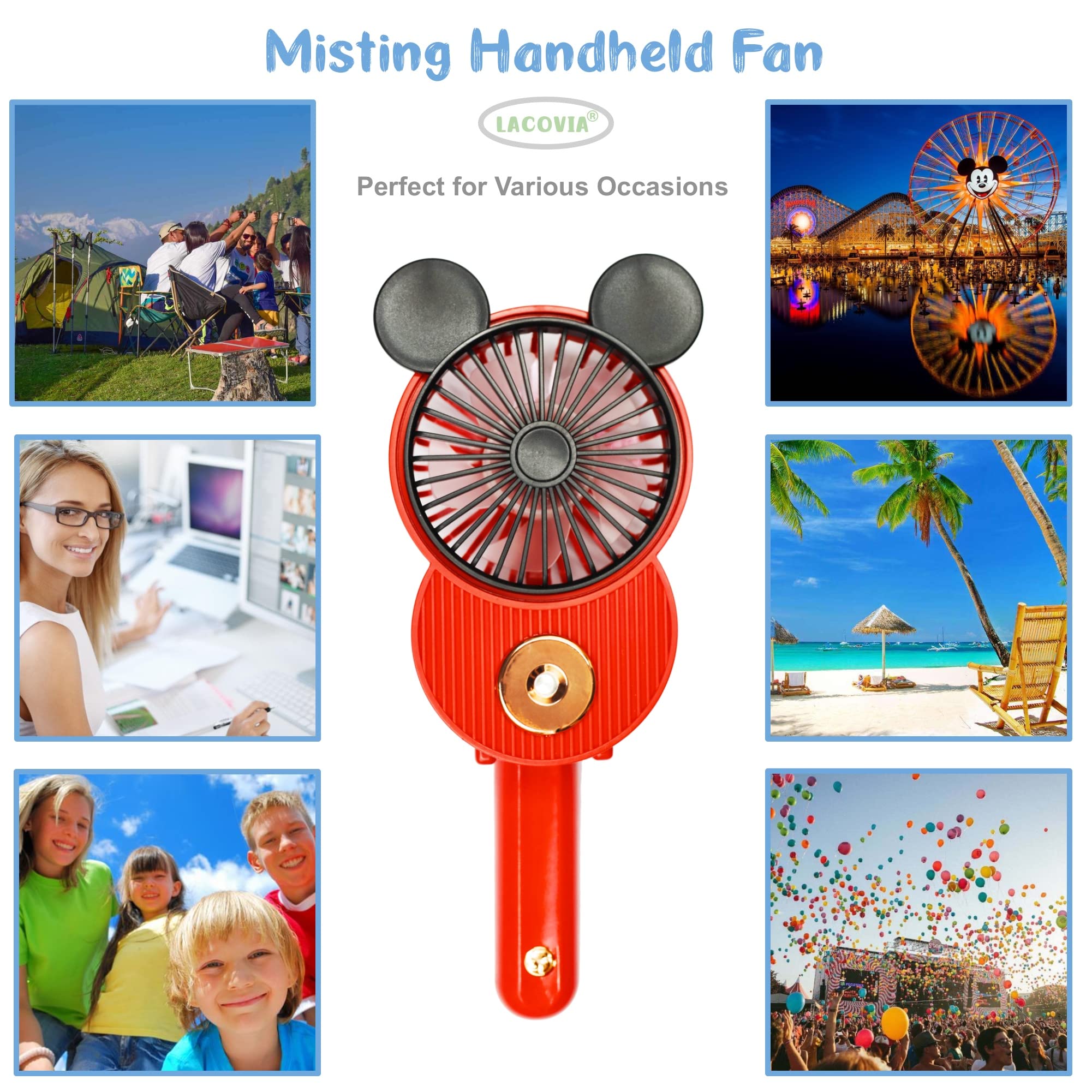 Lacovia Cute Mickey Misting Mini Fan, Handheld Portable Usb Rechargeable Fan With 3 Adjustable Speeds, Foldable Personal Fan For