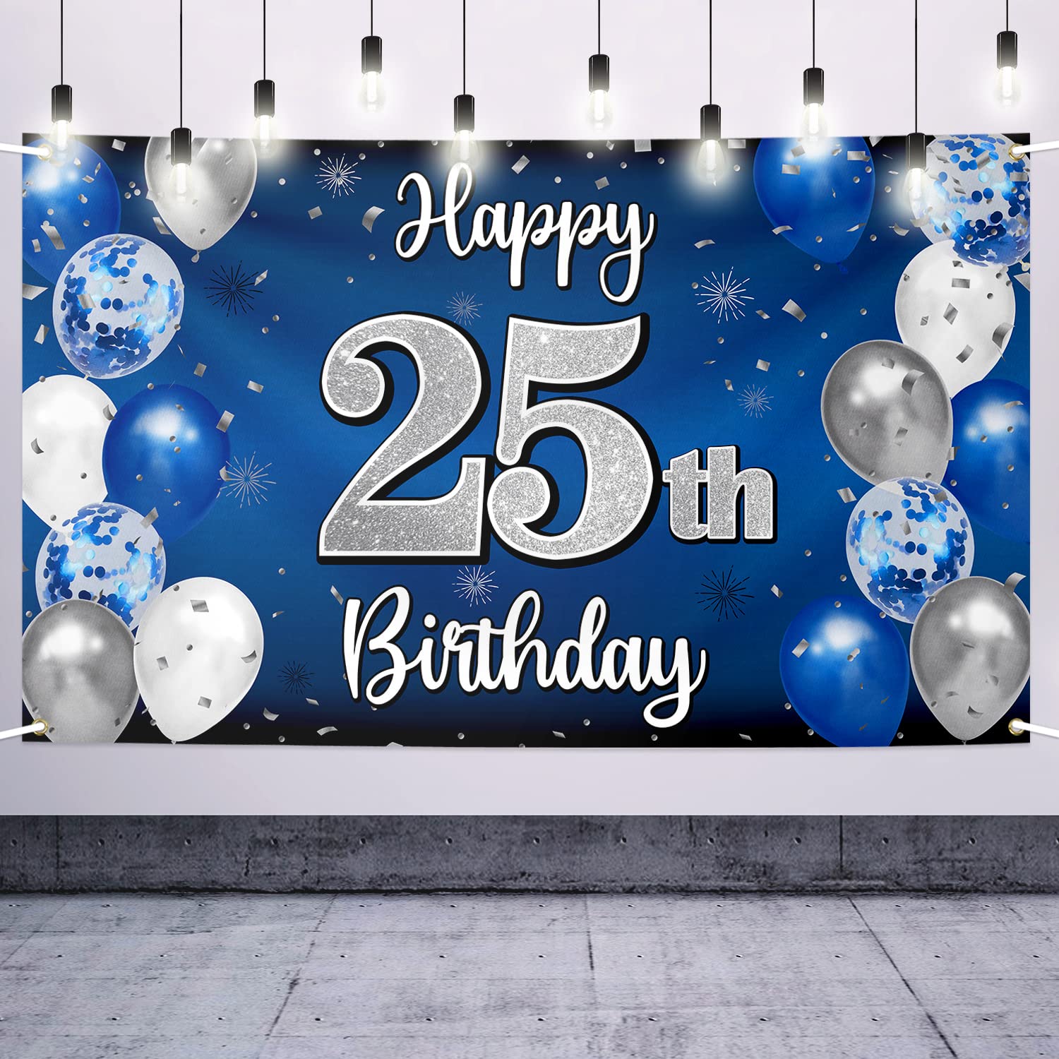 Nelbiirth Happy 25Th Birthday Decorations,25Th Blue & Silver Balloon Large Birthday Banner Backdrop Sign,25Th Bday Party Supplie