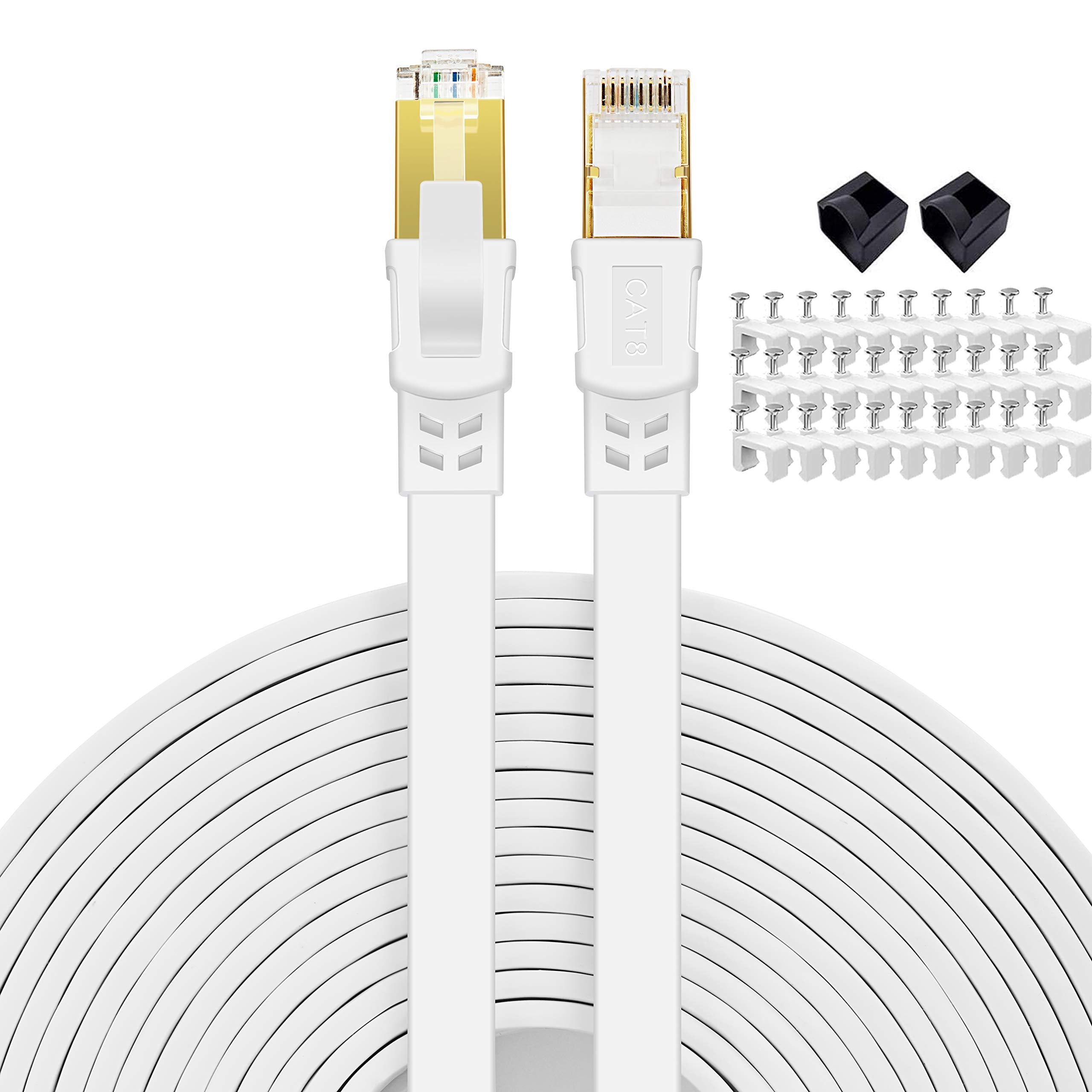 Cat 8 Ethernet Cable 3 Ft Flat Internet Network Rj45 Cable Shielded High Speed 2000Mhz 40Gbps Lan Patch Cables Cords For Outdoor, Gaming, Xbox, Ps4, Router   Compatible For Cat7/Cat6A/Cat5E   White