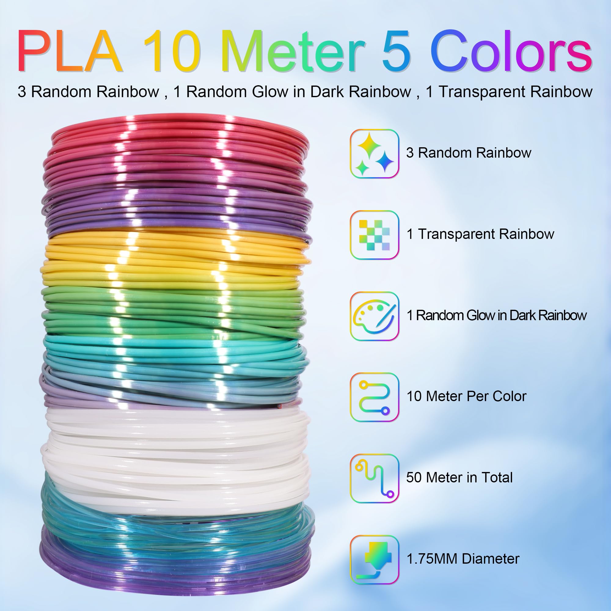 Mika3D 5 Colors 3D Printing Pen Filament Refill, Each 10M, One Glowing In Dark Pla, One Clear Rainbow Pla, 3 Different Color Sil