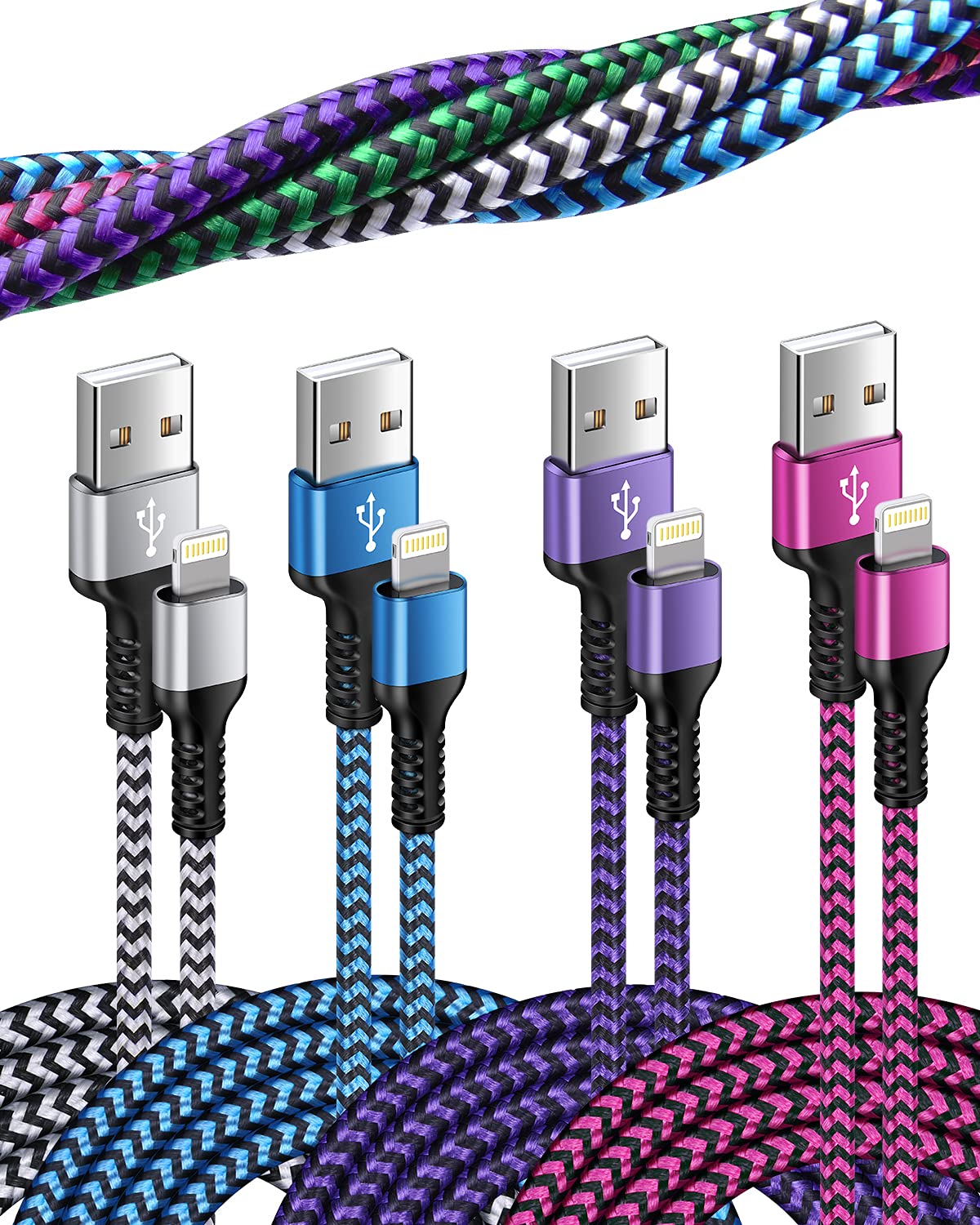 Iphone Charger Cord, [10Ft/4 Pack] Nylon Braided Long Lightning To Usb Charging Cable, [Mfi Certified] Apple Fast Charging Synci