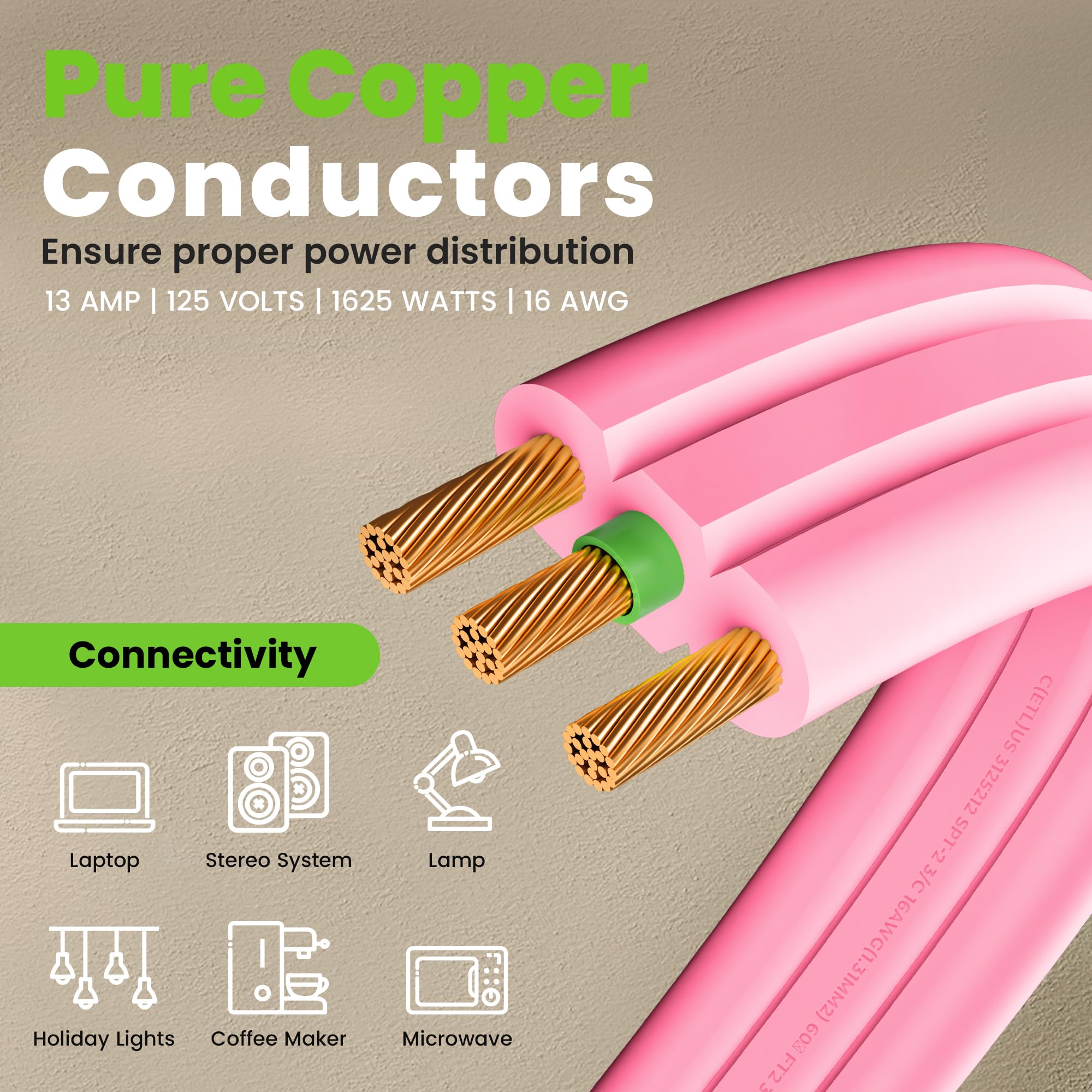 Gearit 360 Rotating Flat Plug Extension Cord With 3 Outlets (15Ft, Pink) 16Awg/13A 3 Prong Wire, Outlet Saver For Home Office Do