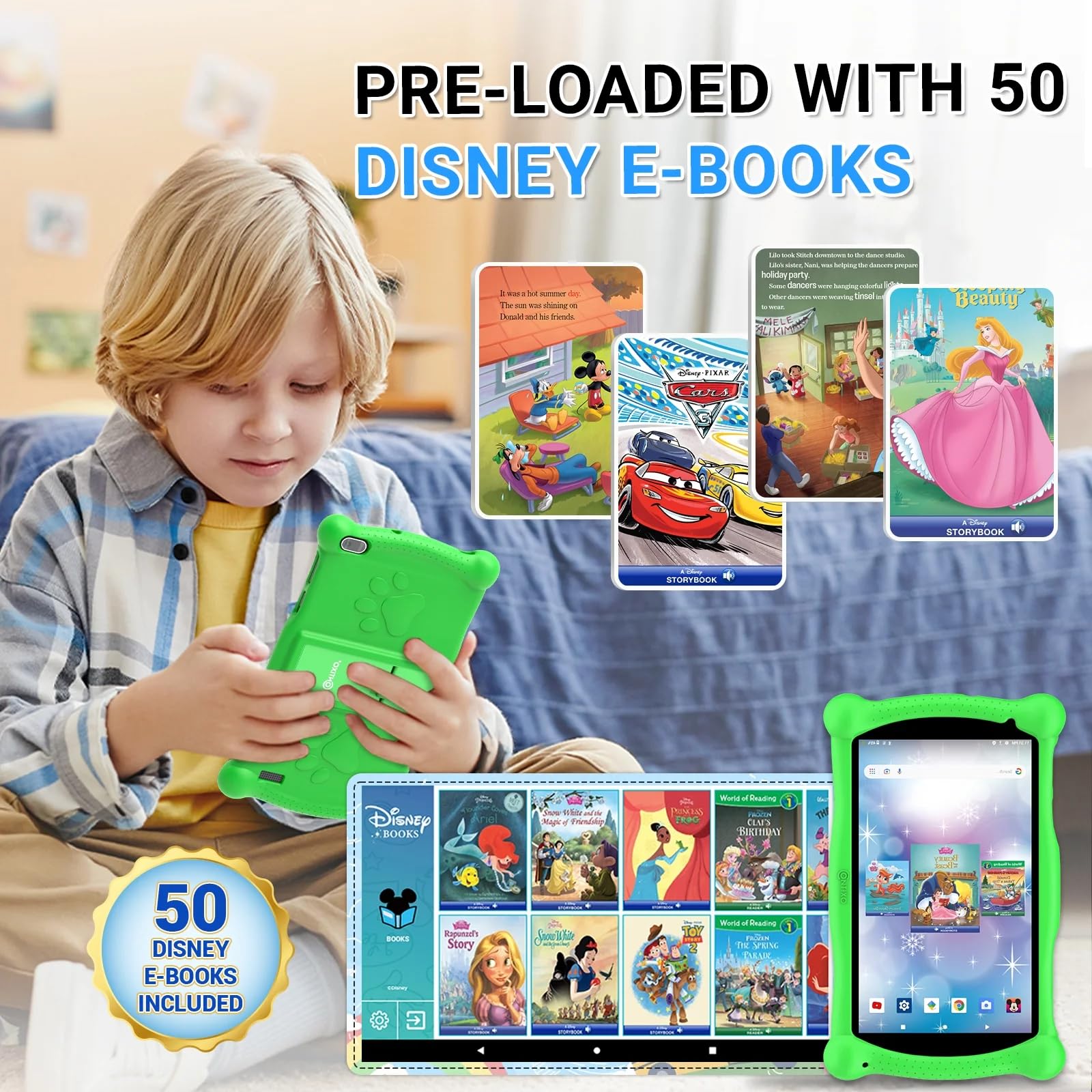 Contixo 7 Inch Disney Kids Learning Tablet, Wifi, Bluetooth, Kids Wired Headphone, Stylus And Tablet Bag Bundle With 15 Teacher Approved Apps And Parent Control   Green Set