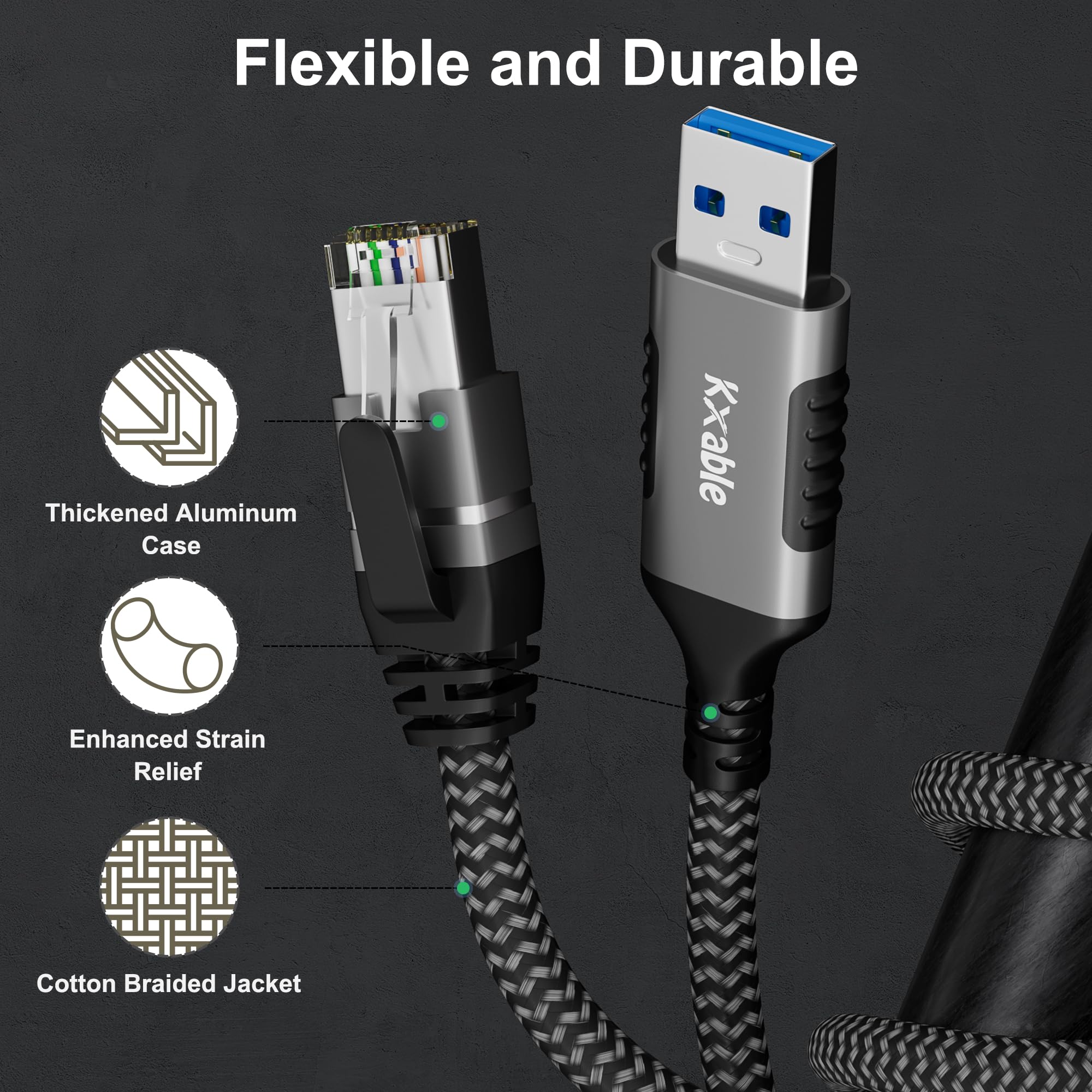 Usb To Ethernet Cable 2 Ft, Usb 3.0 A Male To Rj45 Male Cord, Directly Connected, Aluminum Portable Usb To Rj45 Gigabit Lan Netw