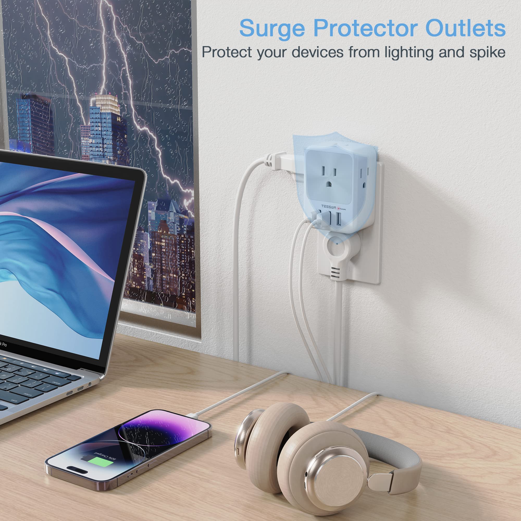 Multi Plug Outlet Splitter With Usb, Tessan 4 Electrical Outlet Extender Surge Protector With 3 Usb Wall Charger Blocks, Multipl