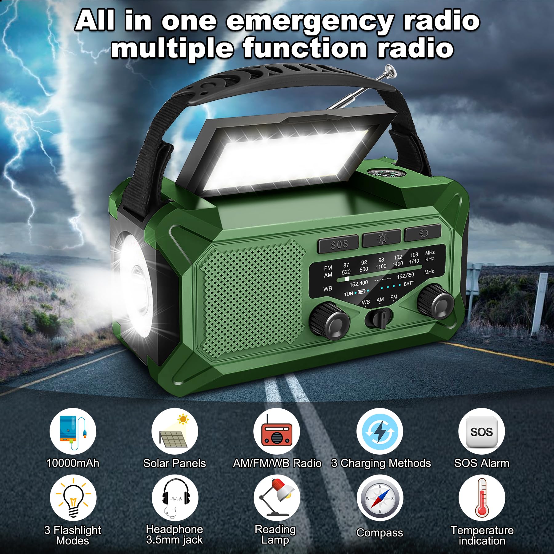 10000Mah Emergency Weather Radio With Solar Charging, Hand Crank Radio Solar Radio Portable Radio Am/Fm/Noaa Radio Led Flashligh