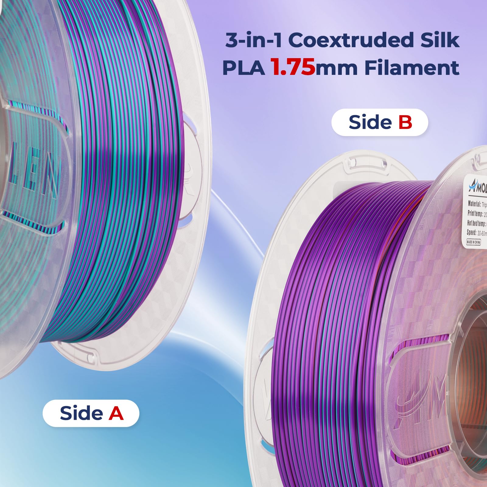 Amolen 3D Printer Filament, Triple Colors Coextrusion Silk Pla Filament 1.75Mm, Rainbow Pla Filament With Silk Pla Purple/Blue G