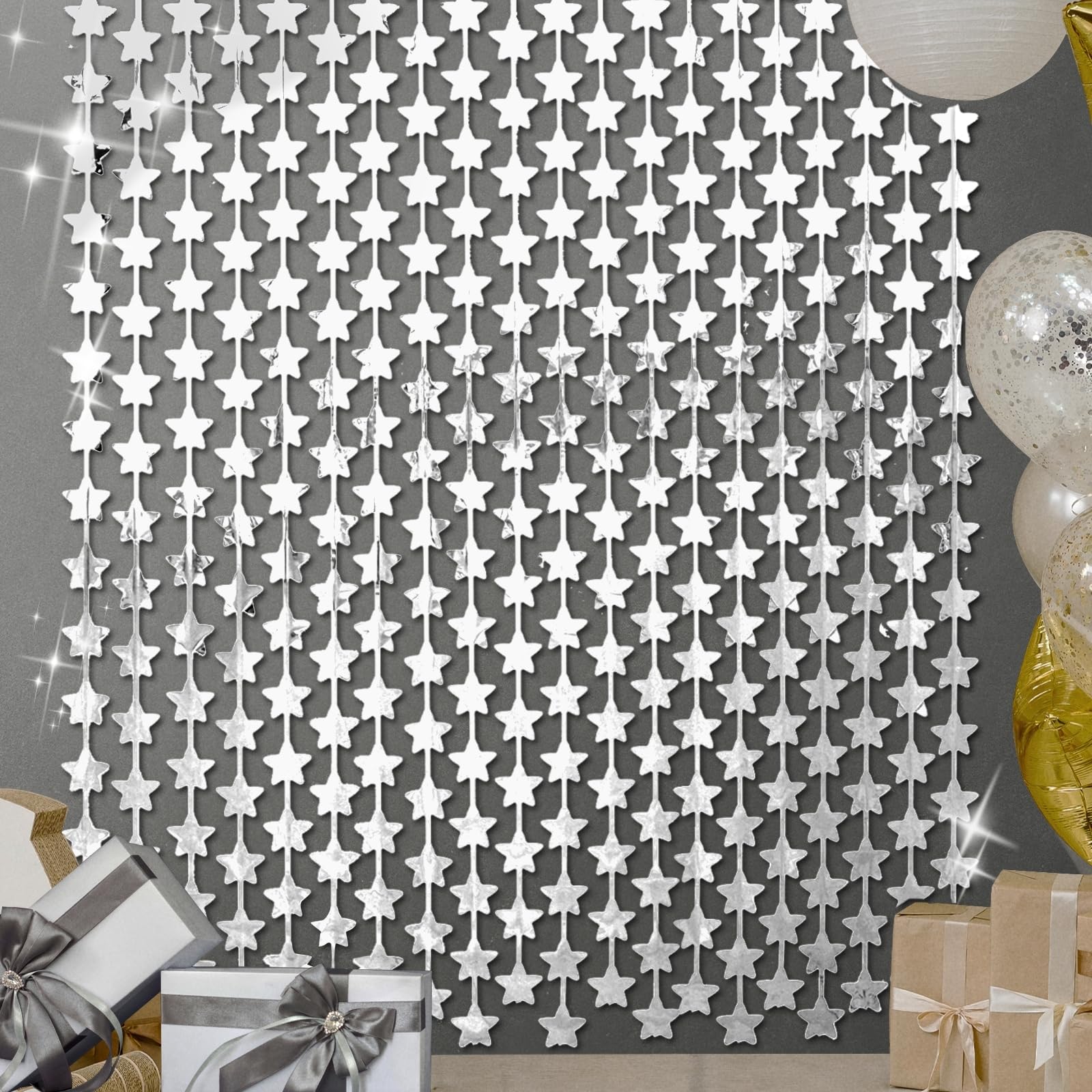 Lolstar 2 Pack Glitter Silver Stars Birthday Decorations 3.3X6.6 Ft Each Silver Star Backdrop Foil Fringe Curtains,Perfect For T
