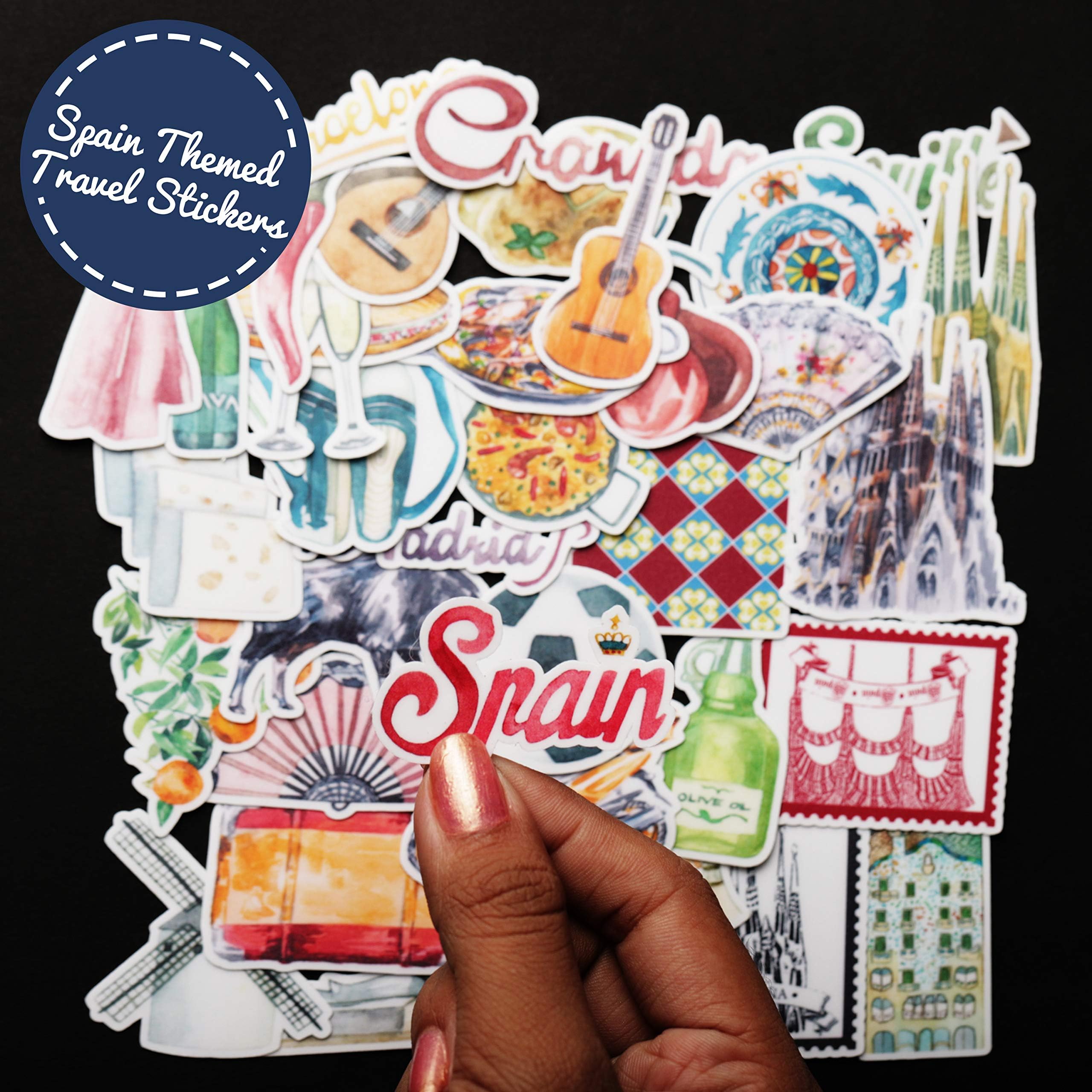 Navy Peony Sophisticated Spain Travel Stickers (36 Pack)   Cute, Waterproof, Small | Aesthetic Adventure Decals For Water Bottle