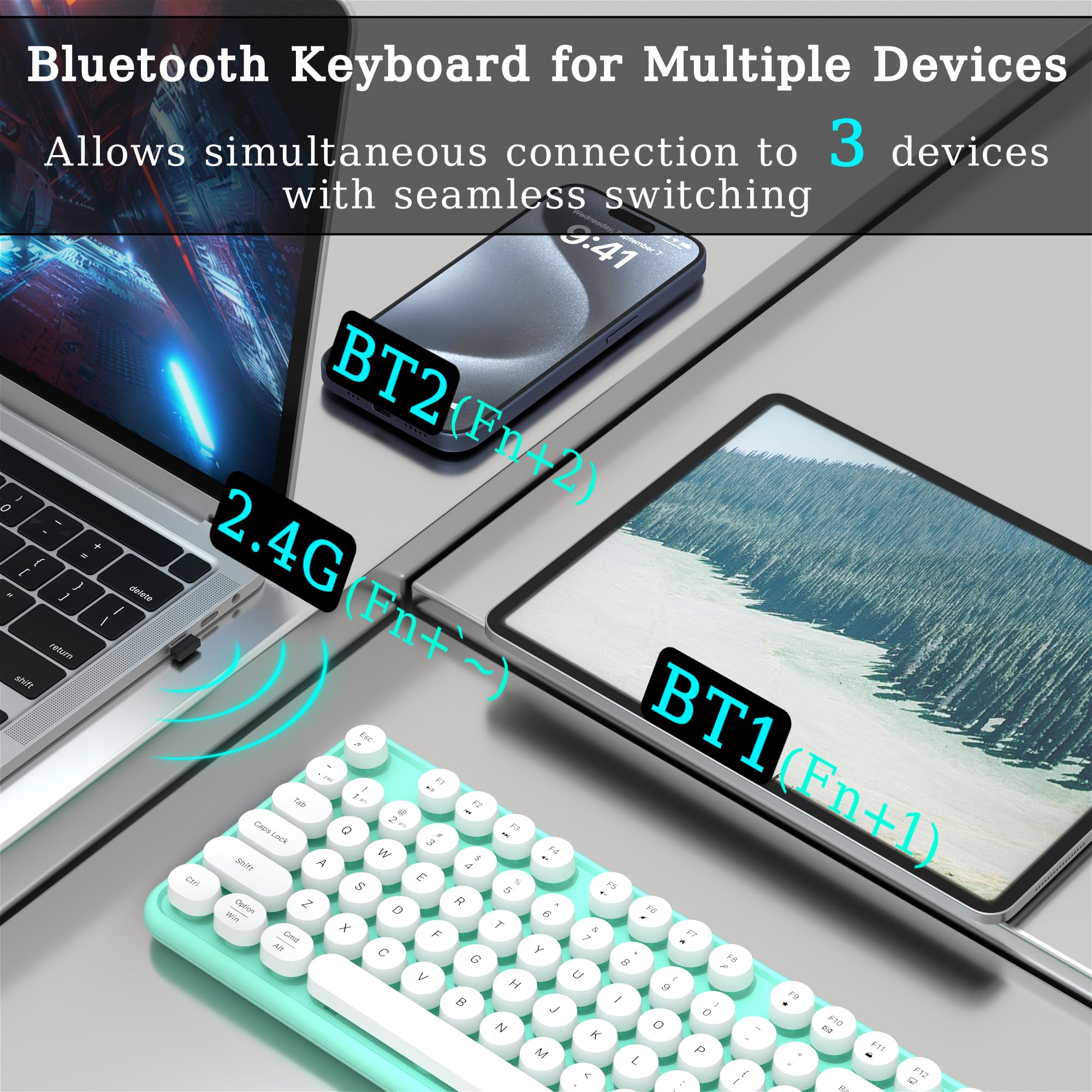 Links9+ Wireless Bluetooth Keyboard, Retro Typewriter Style Keyboard, Full Size With Round Keycaps, 2.4Ghz Plug And Play Connect