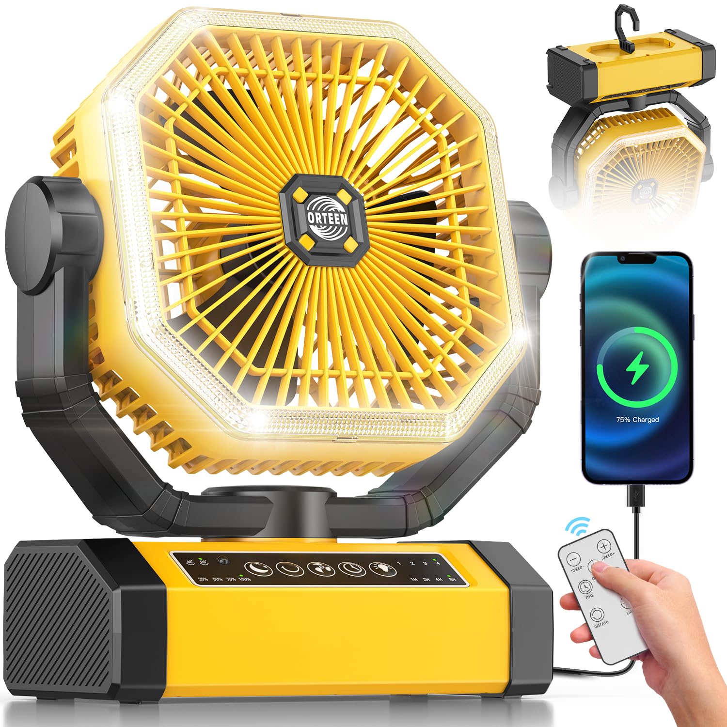 Orteen Rechargeable 9 Inch Portable Table Fan, 20000Mah Battery Powered Camping Fan With Auto Oscillation, Remote Control, Led L