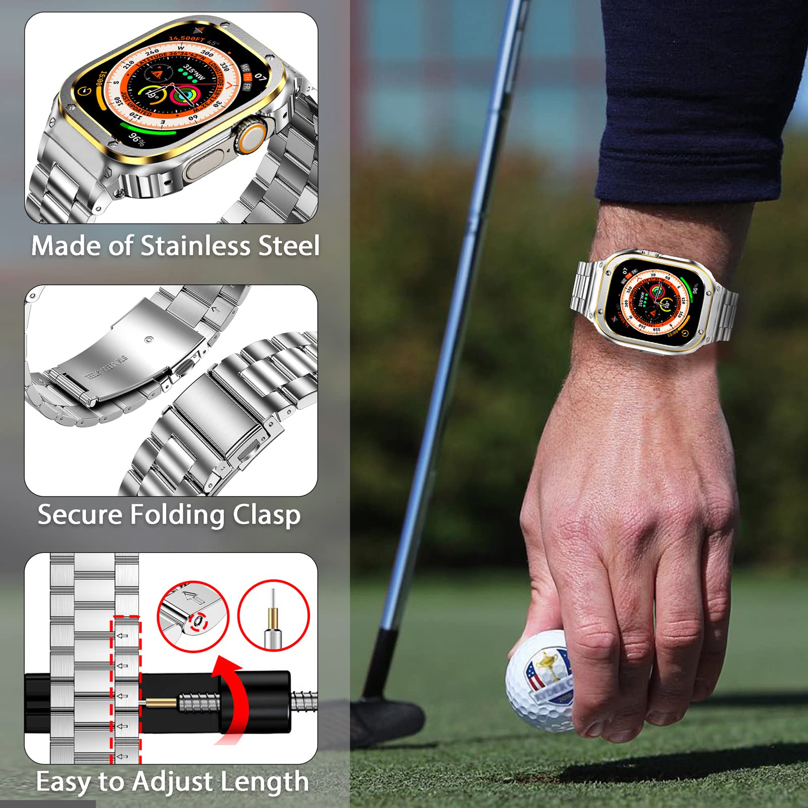 Miohhr Stainless Steel Band And Case Compatible With Apple Watch Band 49Mm, Men Metal Protective Bumper Cover For Iwatch Ultra 2