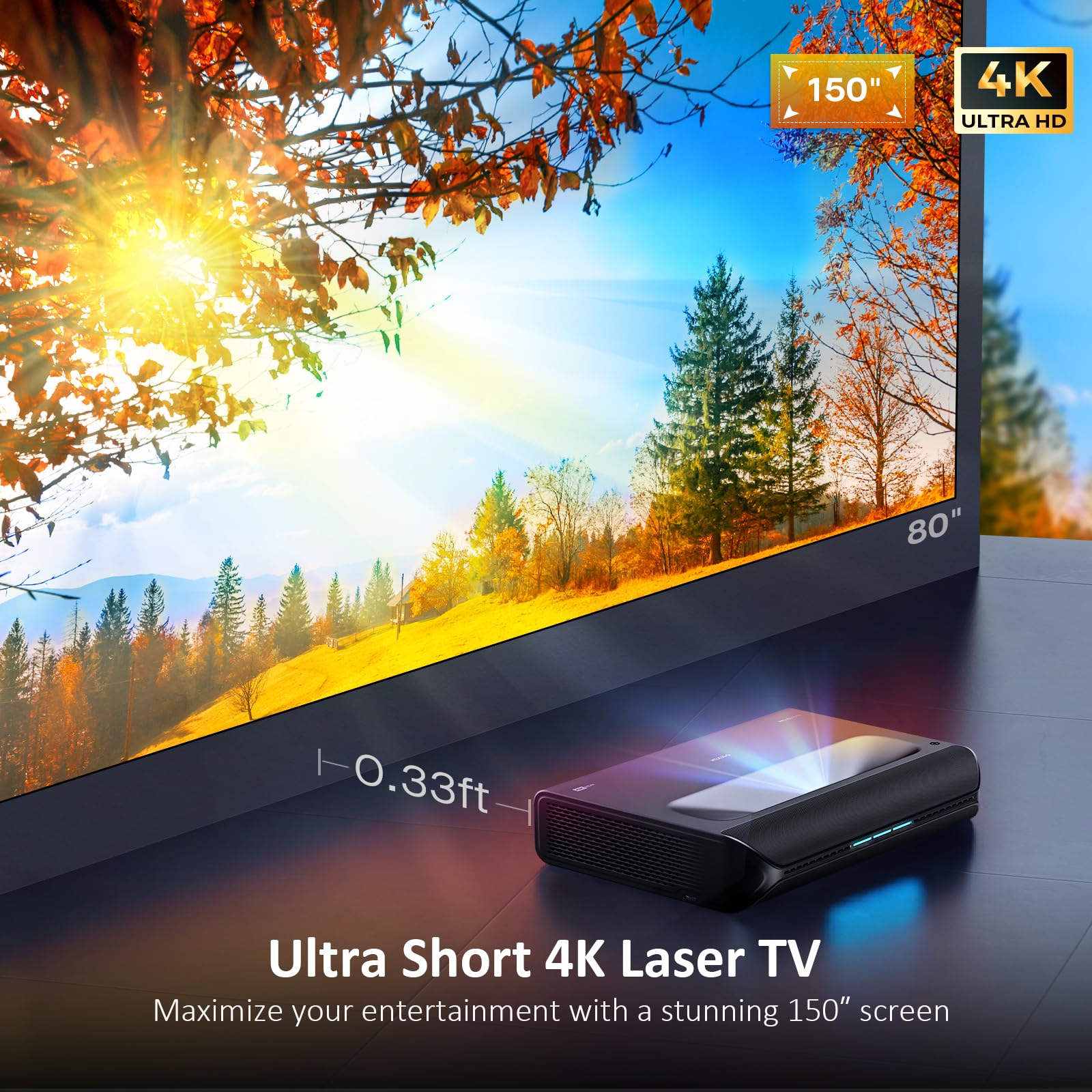 Nexigo Aurora Pro, Ultra Short Throw 4K Tri Color Laser Projector, 2400 Lumens, Screen Adoption, Dynamic Laser Dimming, Dolby Vision & Atoms, Hdr10+, Hlg, Active 3D, 60W Speakers, Ust Laser Tv