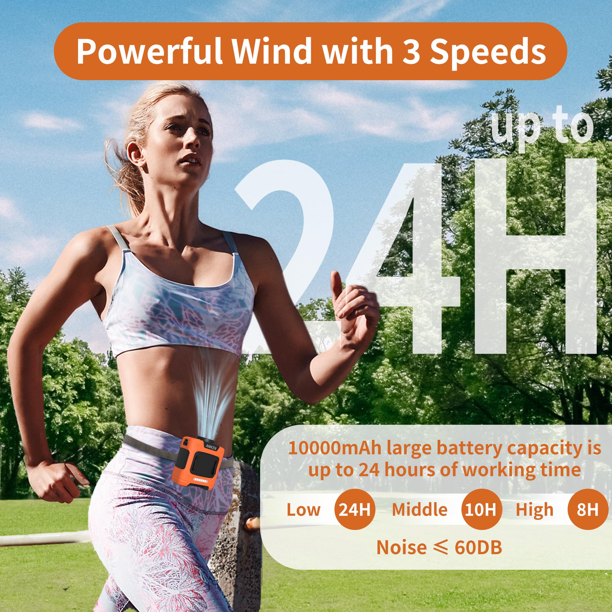Amken Waist Fan   Belt Fan, Portable Clip Fan With 10000Mah Battery, 24 Hour Working Time, Led Sos Light   3 Speeds, 15500Rpm St
