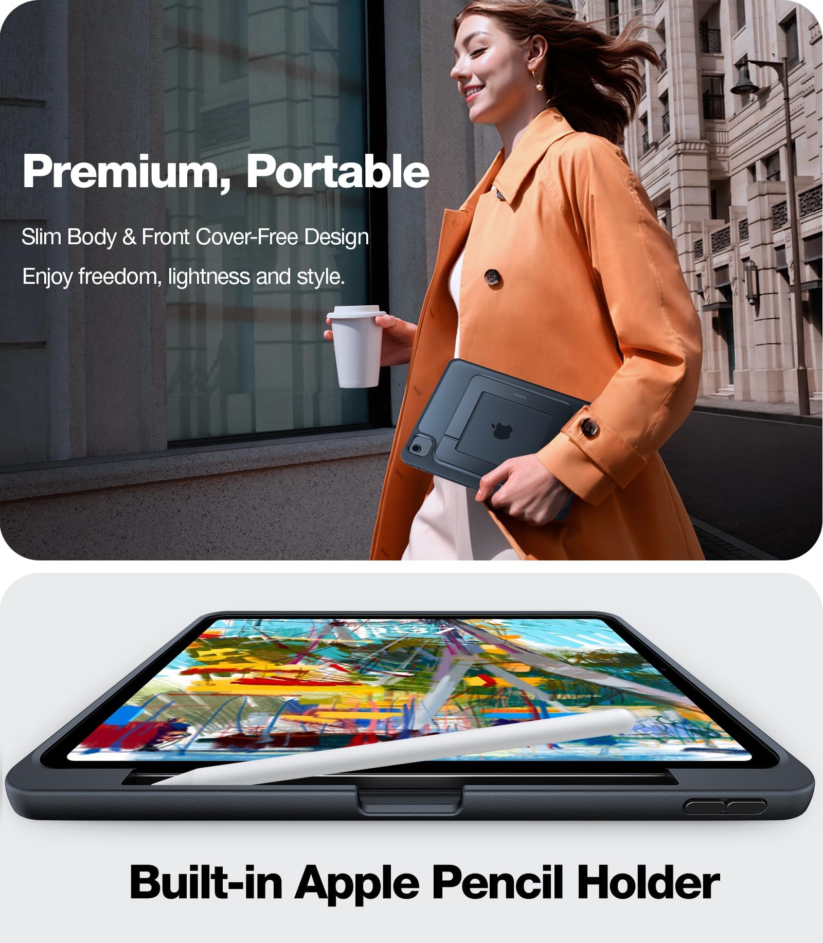 Torras Ostand For Ipad Air 11 Inch Case M2 2024 & Ipad Air 6Th/ 5Th/ 4Th Generation Case Slim, Invisible Adjustable Portrait/Landscape Stand, Any Angle Viewing, Support Apple Pencil Pro/Usb C, Black