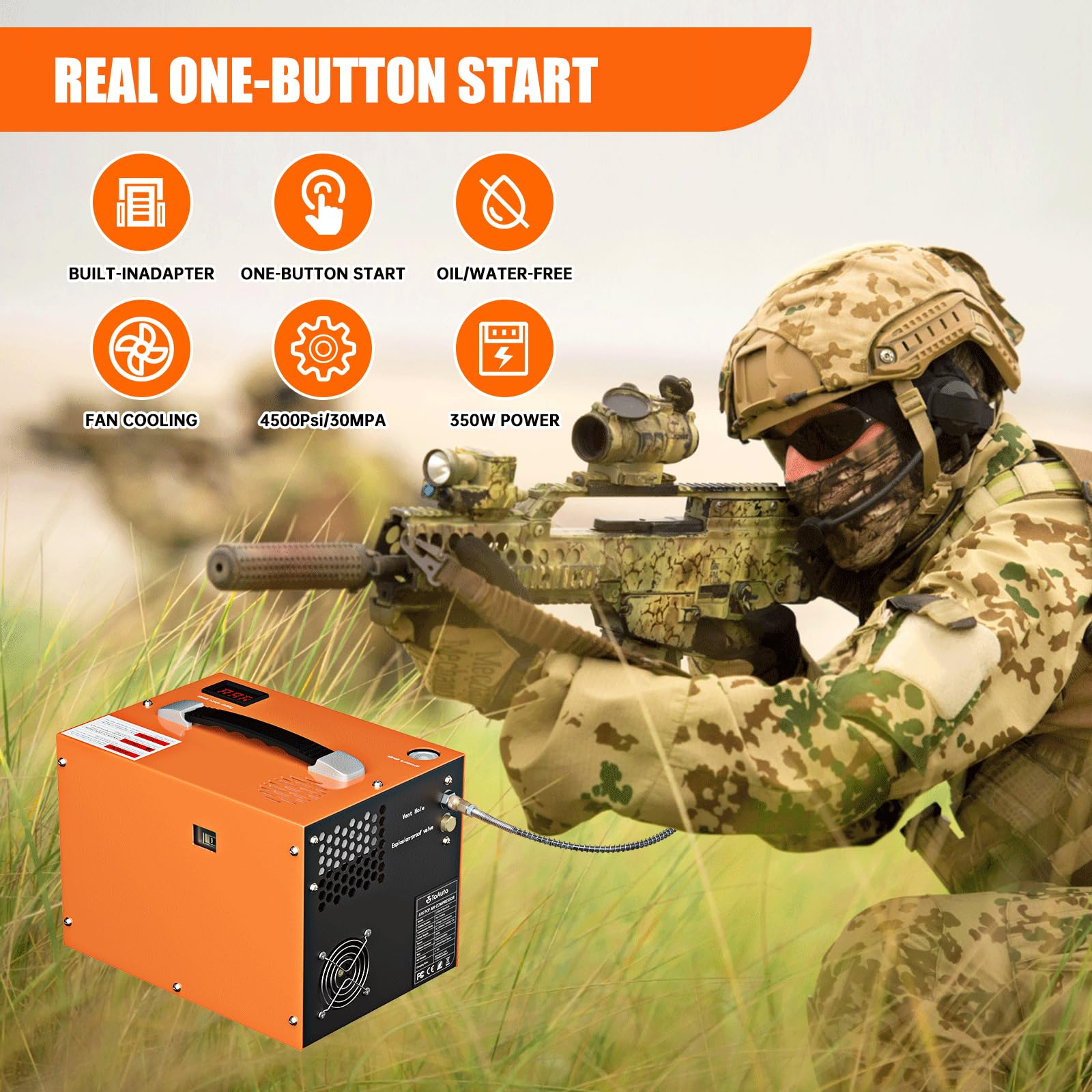 Toauto A1X Pcp Air Compressor,4500Psi 30Mpa, Water/Oil Free, One Button Start, Bursting Disc, Powered By Car 12V Dc Or Home 110V