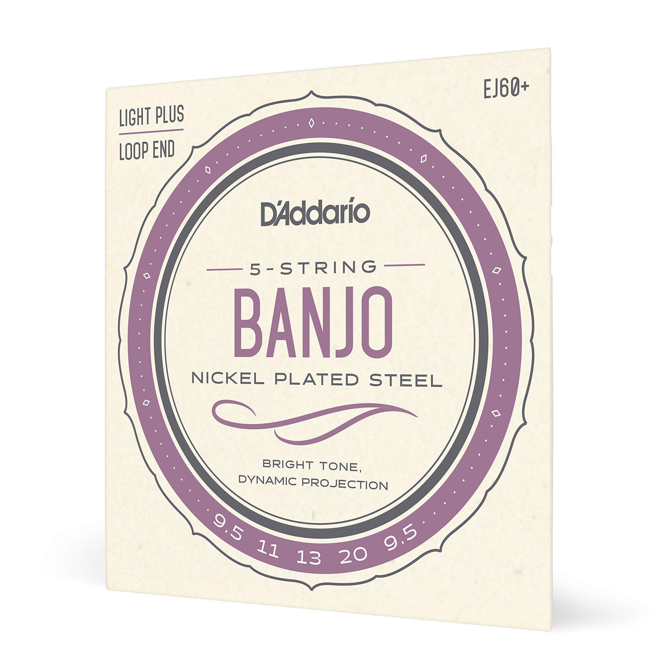 D'Addario Banjo Strings, Nickel Plated Steel, Ej60+, Light Plus Gauge 9.5 20, 5 String Set, Pack Of 1