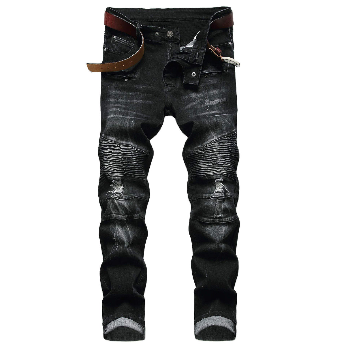Aititia Mens Biker Zipper Deco Washed Straight Fit Jeans (30W X 31L, Black)