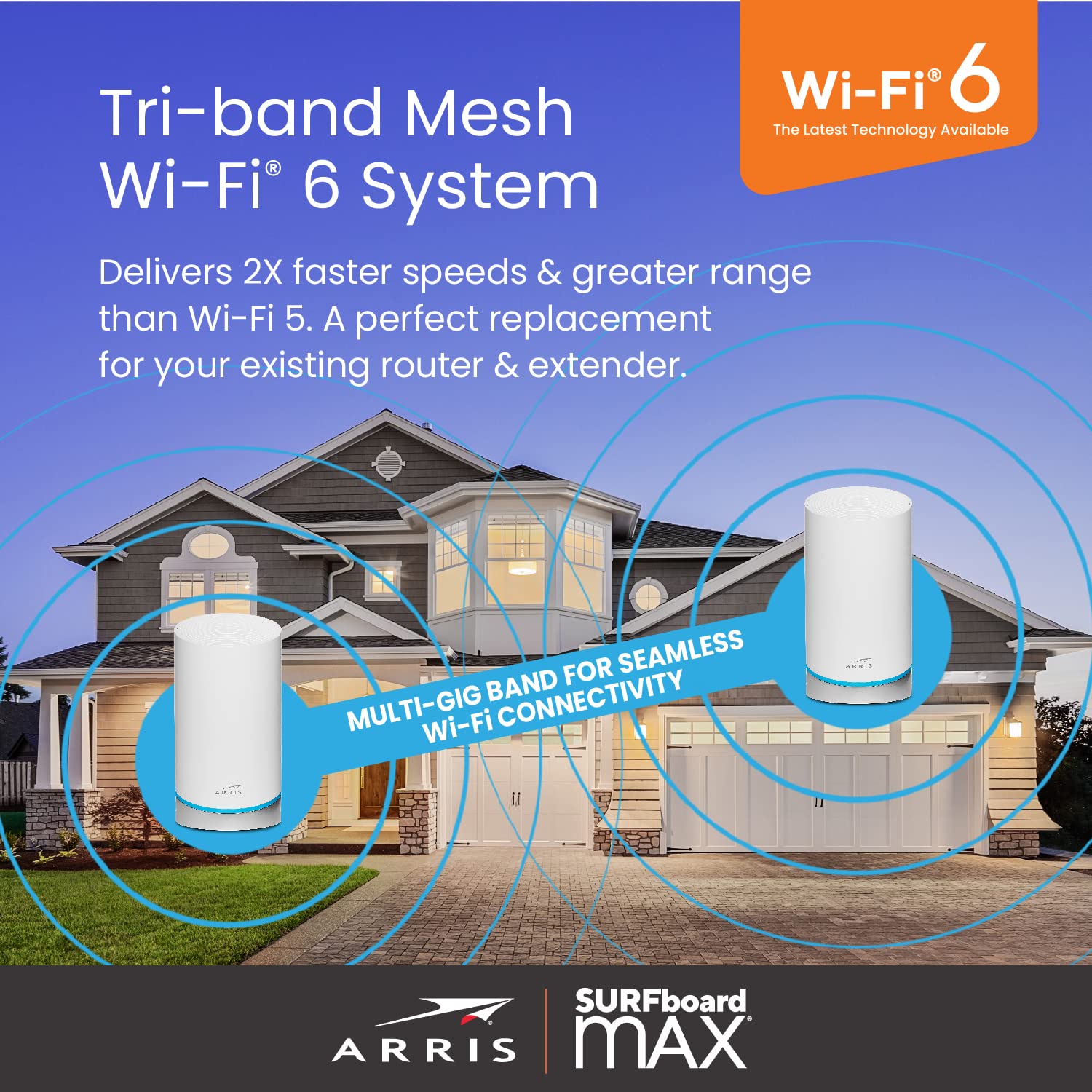 Arris Surfboard Max W121 Tri Band Mesh Wi Fi 6 System, Ax6600 Speeds Up To 6.6 Gbps, Coverage Up To 5,500 Sq Ft, Alexa Support