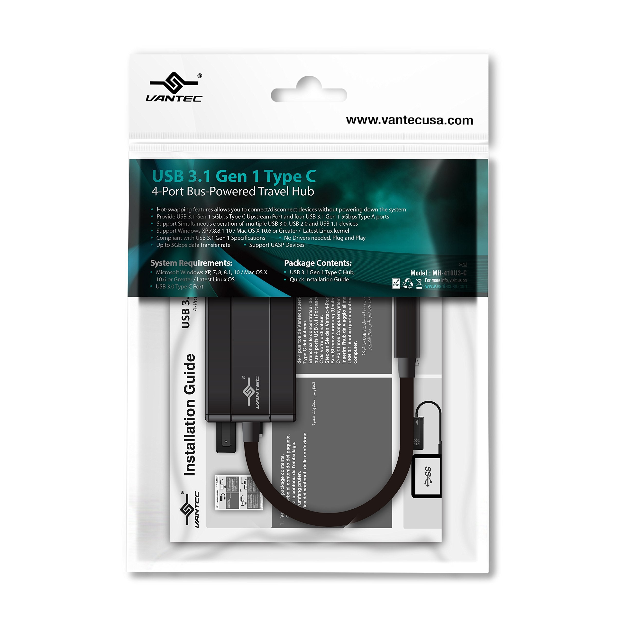 Vantec Usb 3.1 Type C 4-Port Bus-Powered Travel Hub Components Other Ugt-Mh410U3-C