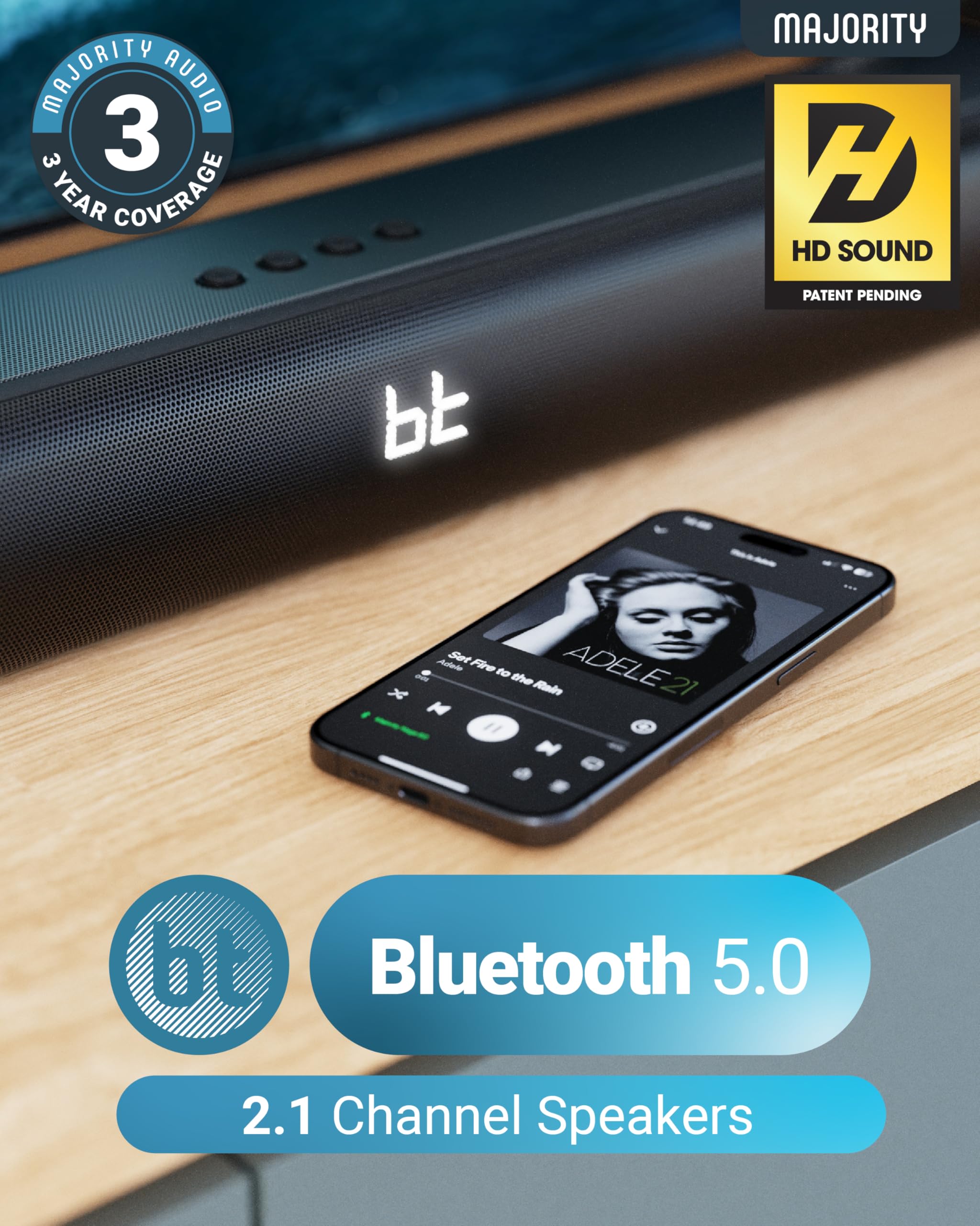 Majority Bluetooth 120W Tv Sound Bar For Smart Tv, 24 Inch, 2.1 Channel, 3D Sound With Built-In Subwoofer | Eq Control, Hdmi Arc