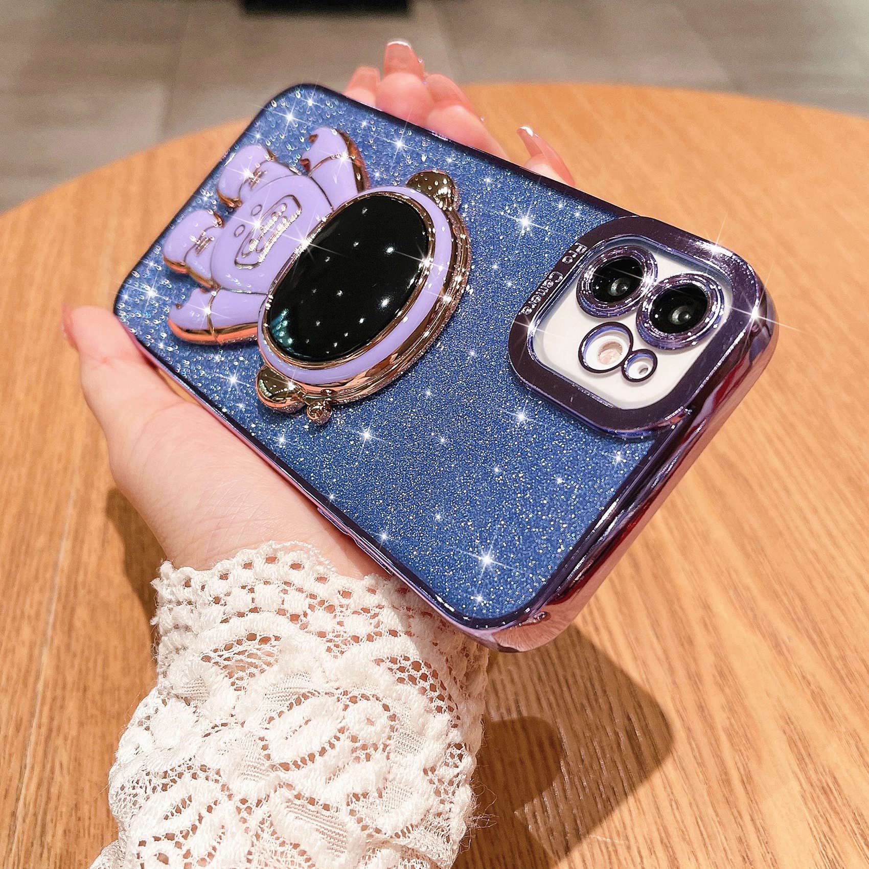 Mgqiling Compatible For Iphone 12 6.1 Inch Bling Plating Astronaut Hidden Stand Case, Cute 6D Stand Glitter Phone Case For Women