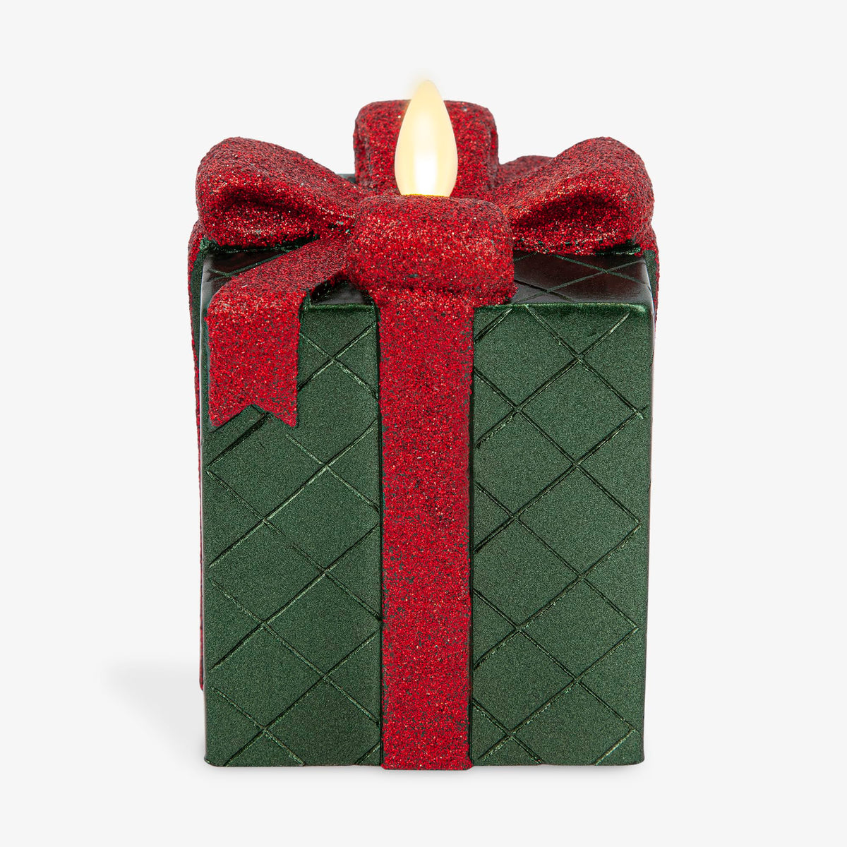 Luminara - Flameless Holiday Led Candle Battery Operated Moving Flame - Green Gift Box - Pack Of 1-3X4.25 - Glitter Ribbon With 