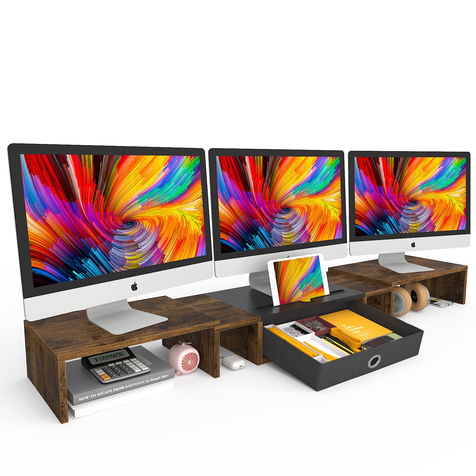 Westree Triple Dual Monitor Stand Riser With Drawer,Extra Large Adjustable For 2~3 Monitors,Solt For Phone & Tablet, Desktop Org