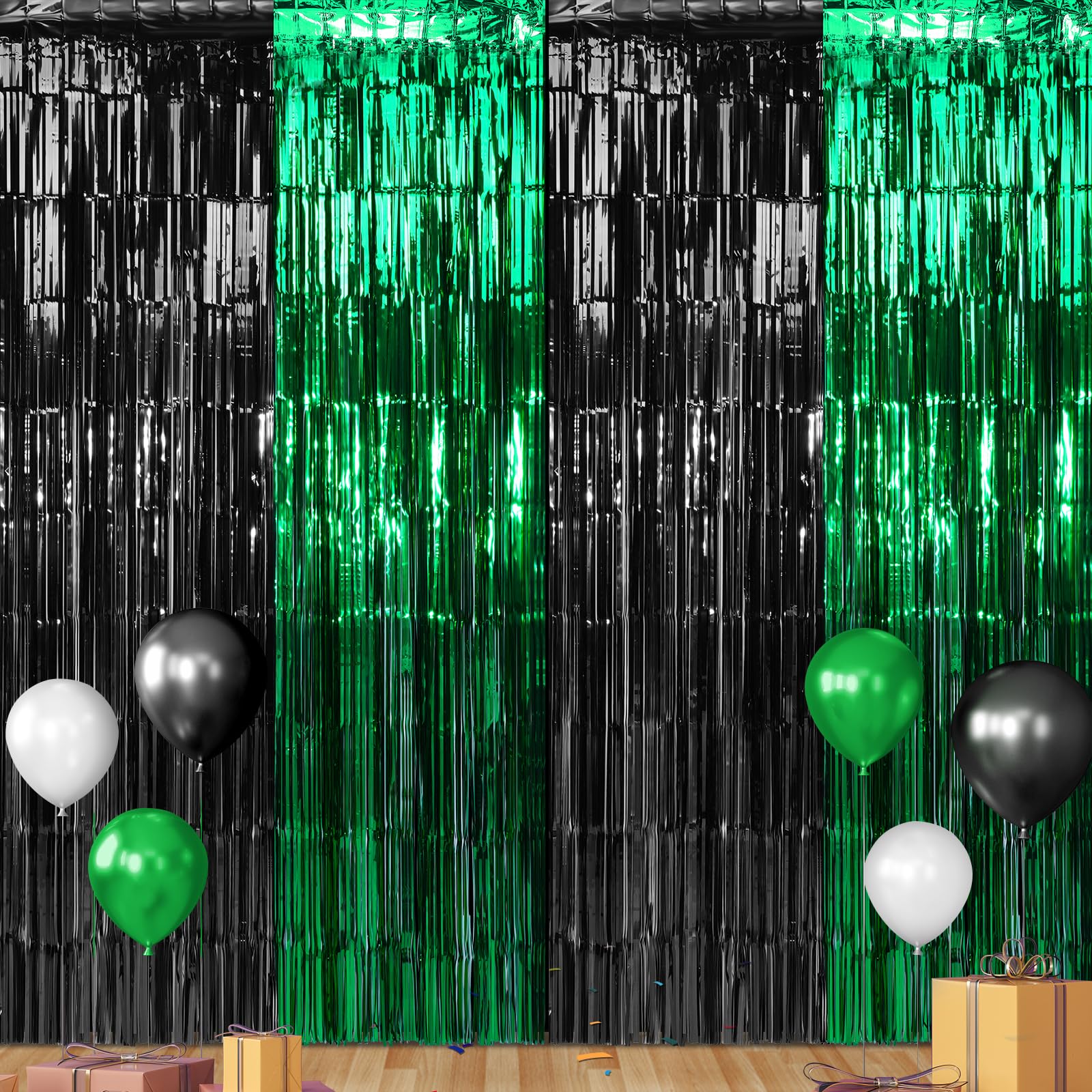 3Pack 3.3Ft X 6.6Ft Graduation Foil Fringe Curtain Backdrop Decorations, Green Black Metallic Tinsel Foil Streamers Curtain Phot