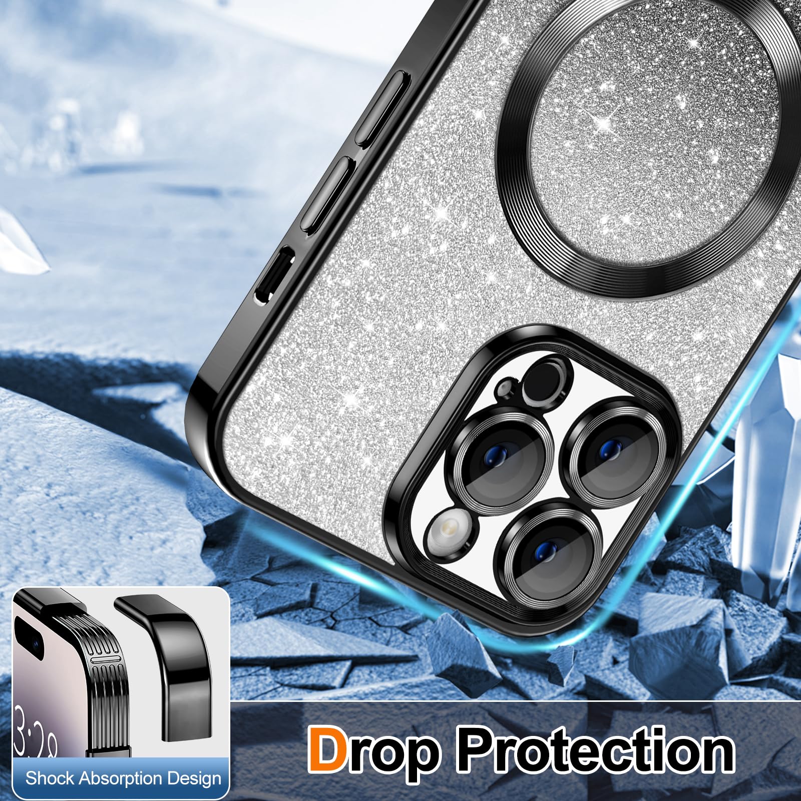 Hython For Iphone 14 Pro Case Clear Magnetic Glitter Phone Cases [Compatible With Magsafe] Full Camera Lens Protector Slim Gradi