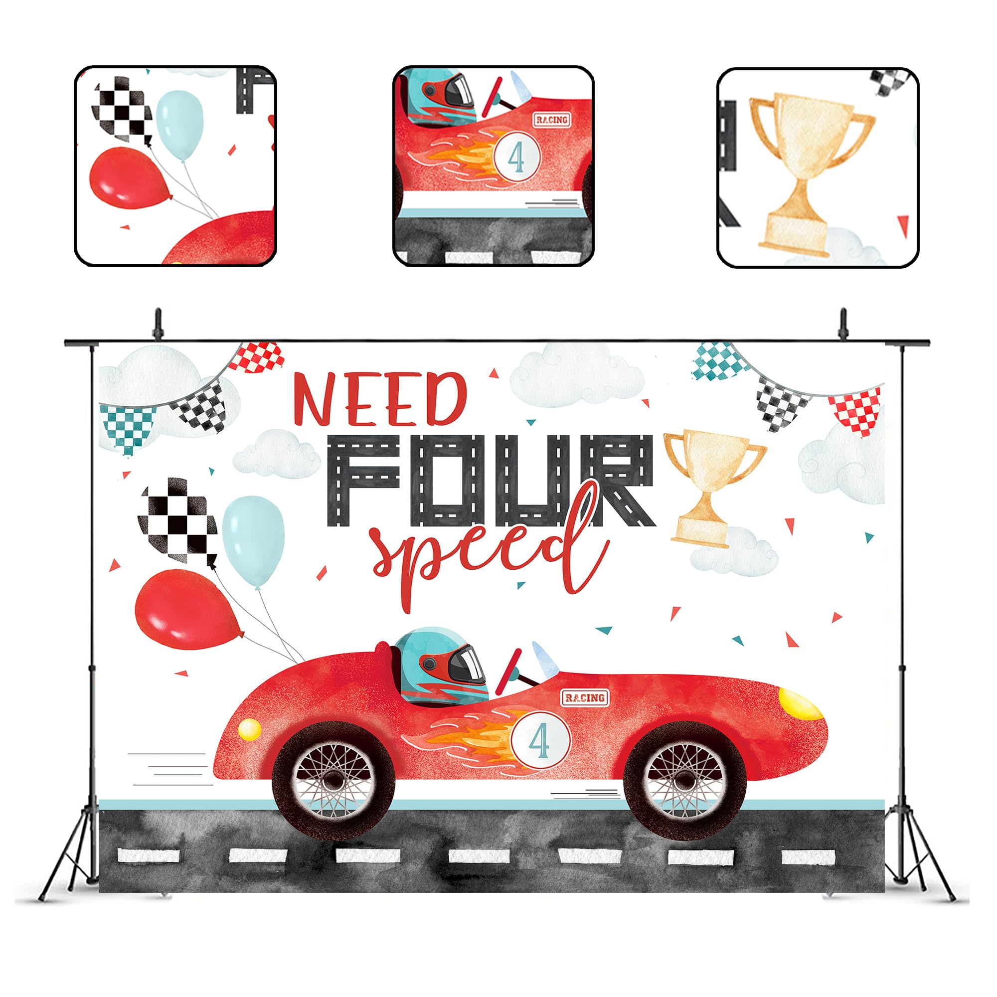 Glawry Need 4 Speed Birthday Backdrop 7Wx5H Feet Watercolor Red Racing Car Cartoon Cute Balloons Cool Boys Kids 4Th Birthday Par
