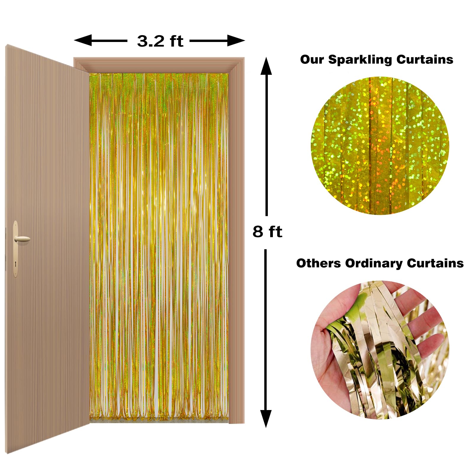 Melsan Gold Foil Curtain, 2 Pack 3.2 Ft X 8.2 Ft Tinsel Foil Fringe Curtains Backdrop, Sparkle Metallic Foil Fringe Curtains For