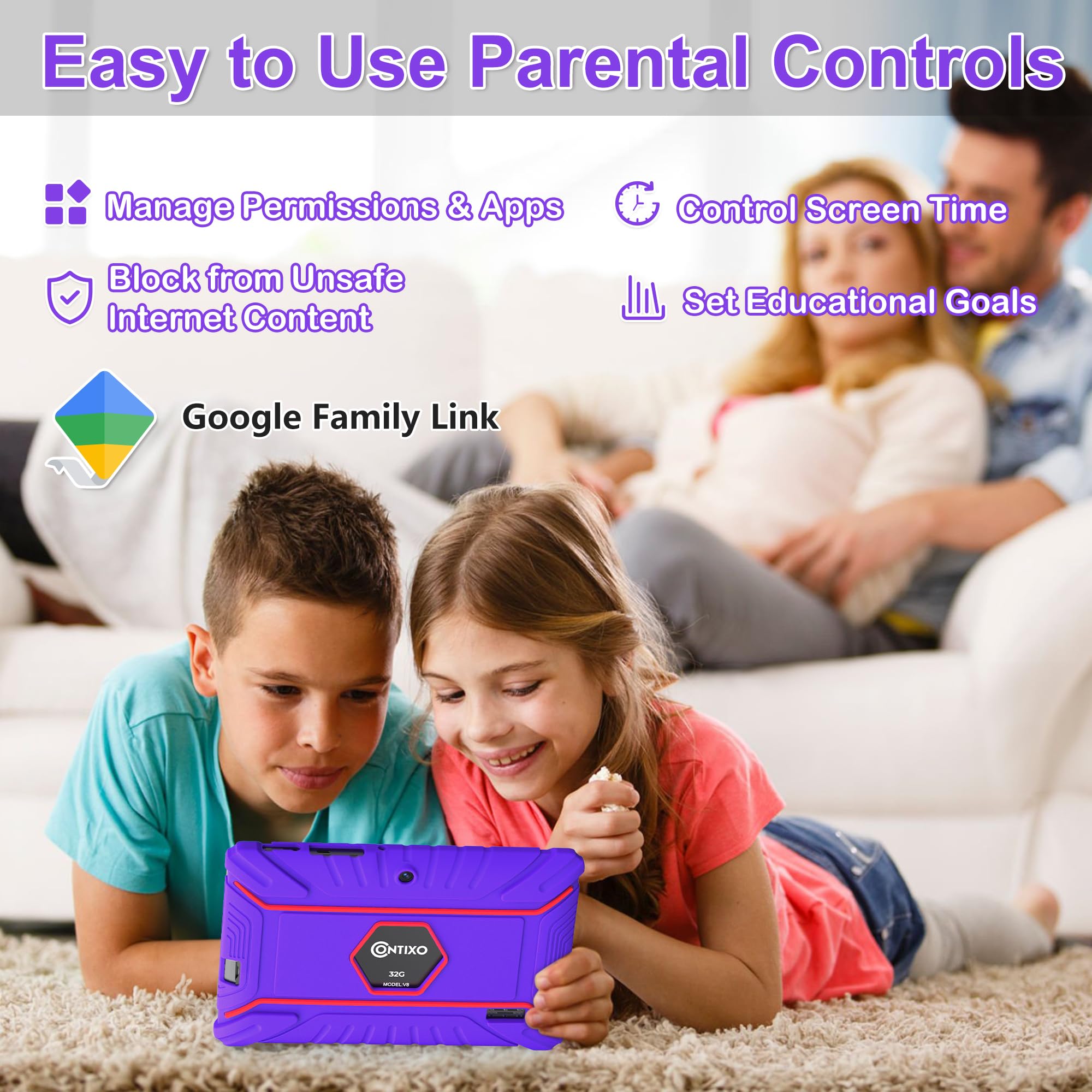 Contixo 7' Kids Tablet   32Gb Android Tablet With 50+ Disney Storybooks & Stickers, Parental Controls, Kid Proof Case, (2024 Model)   Purple