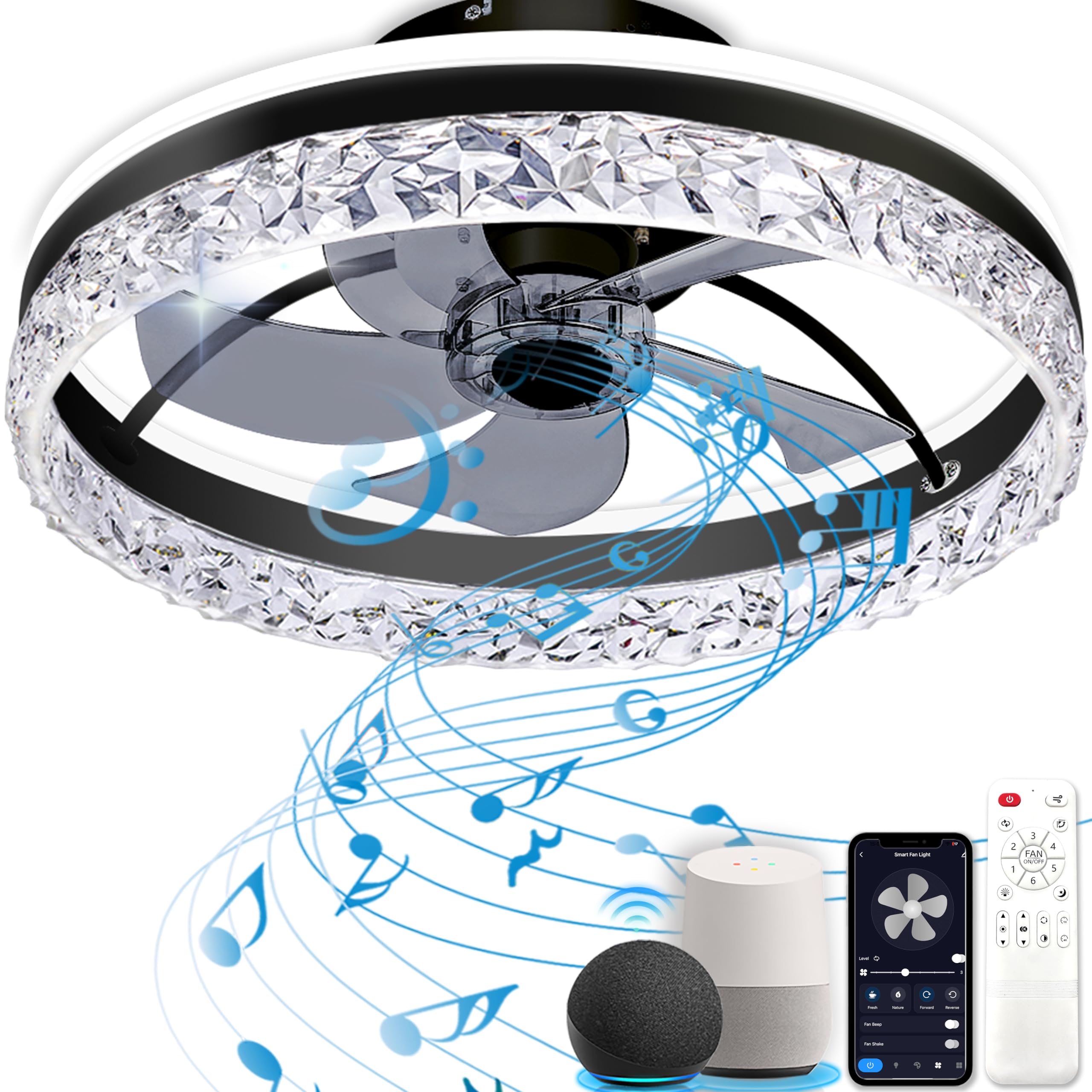 Baycnic Ceiling Fan with Light,Low Profile Ceiling Fans,Flush Mount Ceiling Fan, Smart Fandelier Ceiling Fans,Alexa&Google Assis