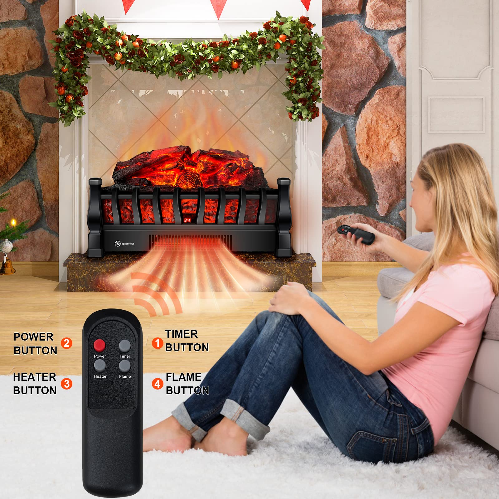 Electric Fireplace Logs Inserts Heater With Infrared Remote Controller 5 Flame Brightness 24 H Timer Overheating Protection For