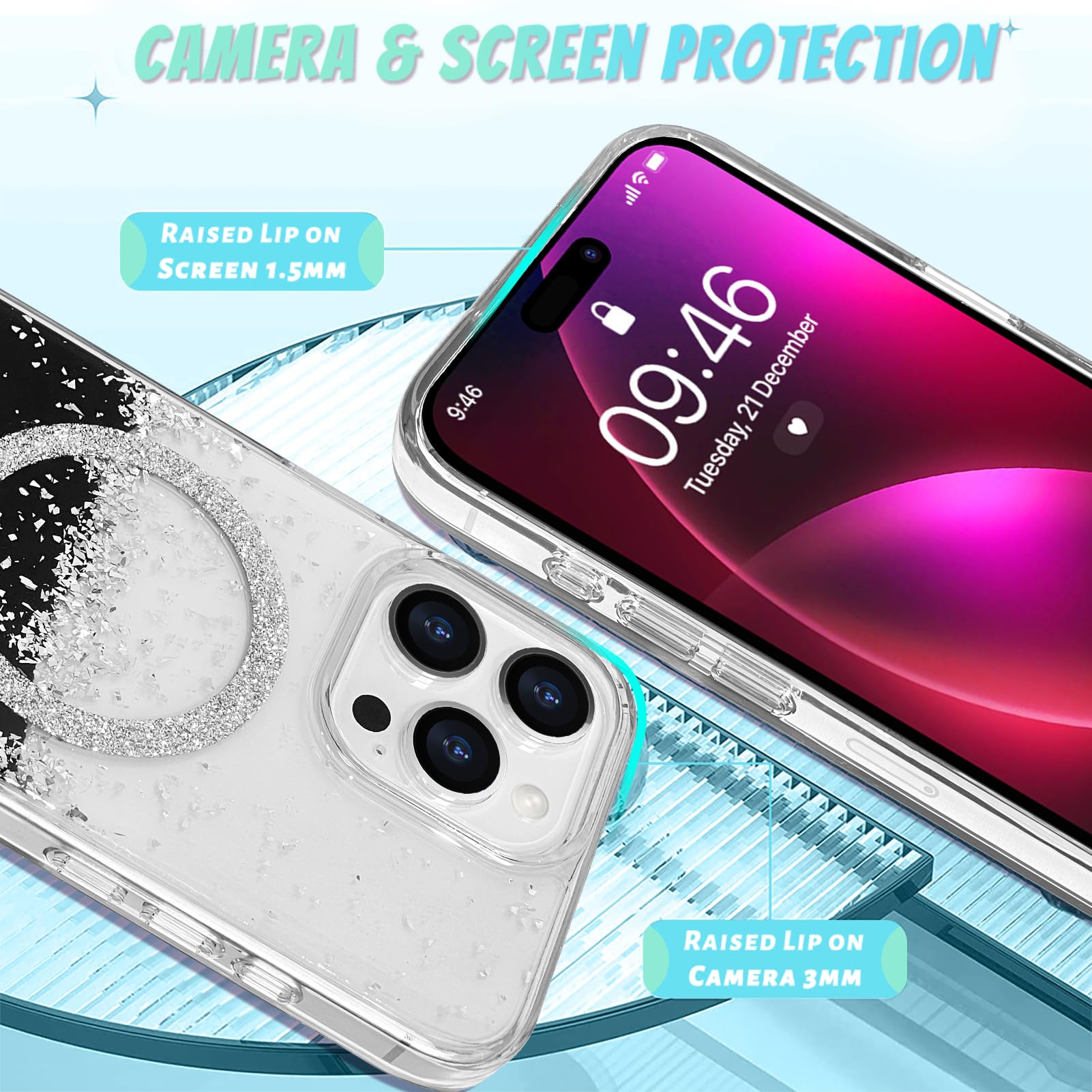 Bonoma For Iphone 16 Pro Case, Sparkly Glitter Bling Back, Magnetic Support For Magsafe Shockproof Case, Crystal And Clear High